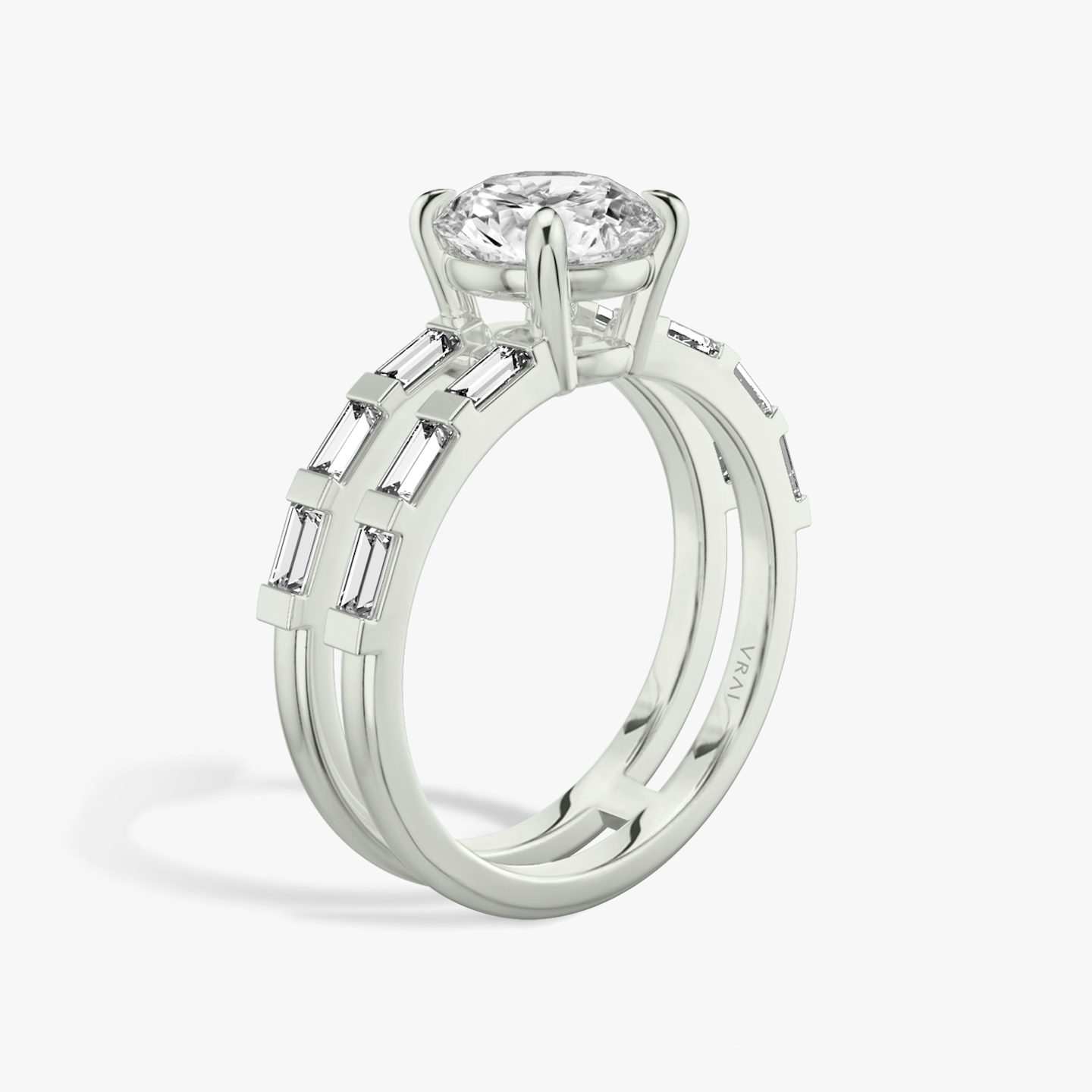The Double Band | Round Brilliant | Platinum | bandAccent: Pavé | bandStoneShape: Baguette | caratWeight: 2.0ct | diamondOrientation: vertical