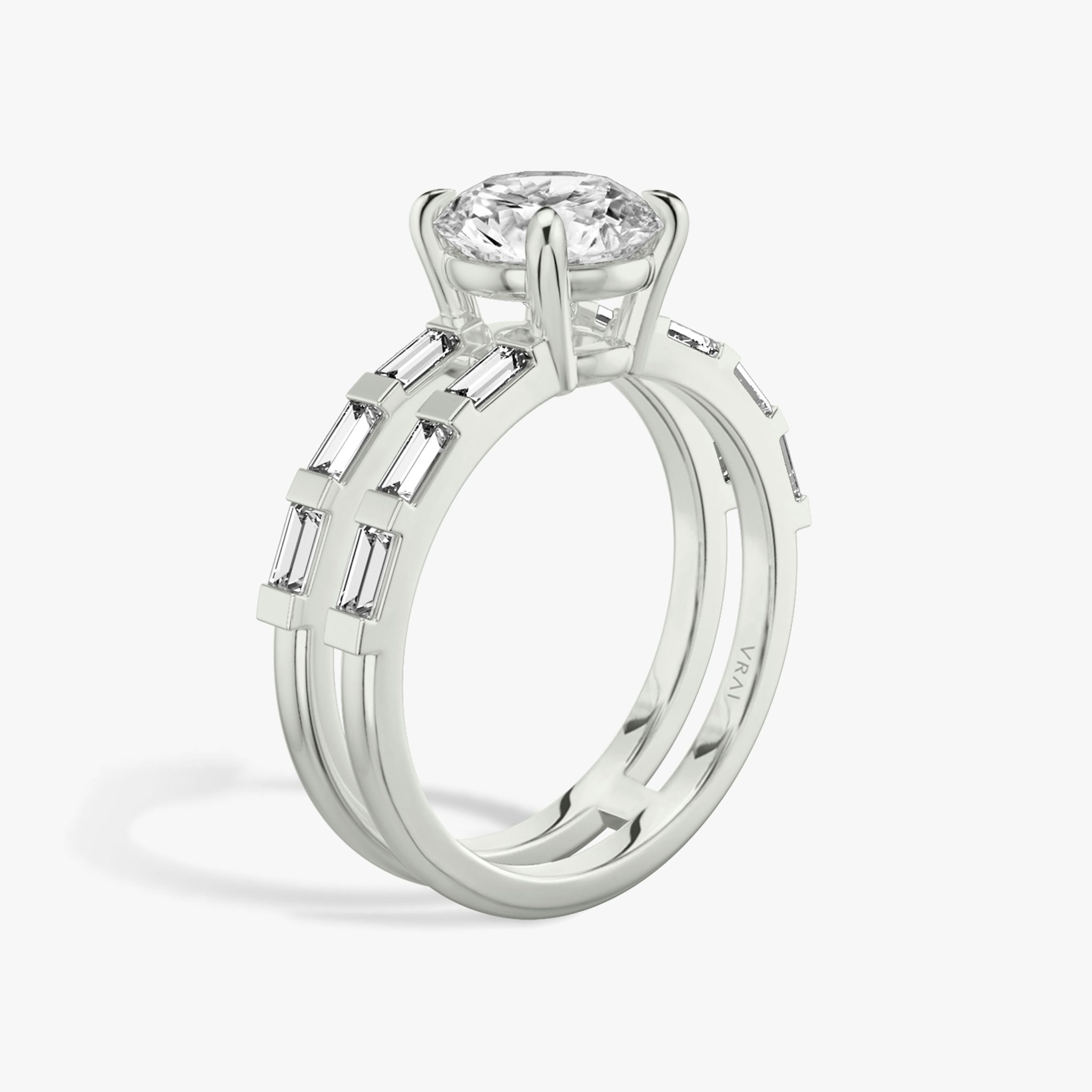 The Double Band | Round Brilliant | Platinum | bandAccent: Pavé | bandStoneShape: Baguette | caratWeight: 1.0ct | diamondOrientation: vertical