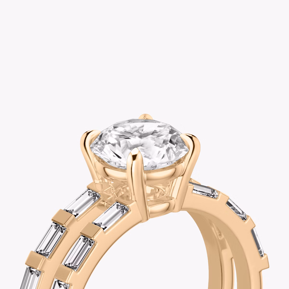 The Double Band | Round Brilliant | 14k | Rose Gold | bandAccent: Pavé | bandStoneShape: Baguette | caratWeight: 1.0ct | diamondOrientation: vertical