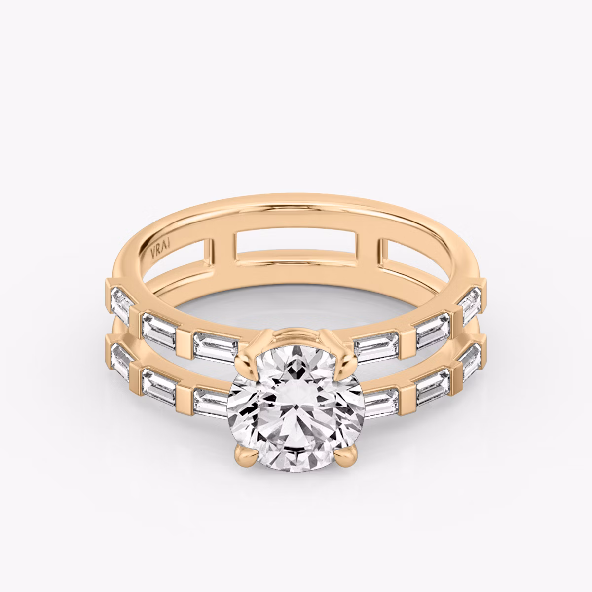 The Double Band | Round Brilliant | 14k | Rose Gold | bandAccent: Pavé | bandStoneShape: Baguette | caratWeight: 1.0ct | diamondOrientation: vertical