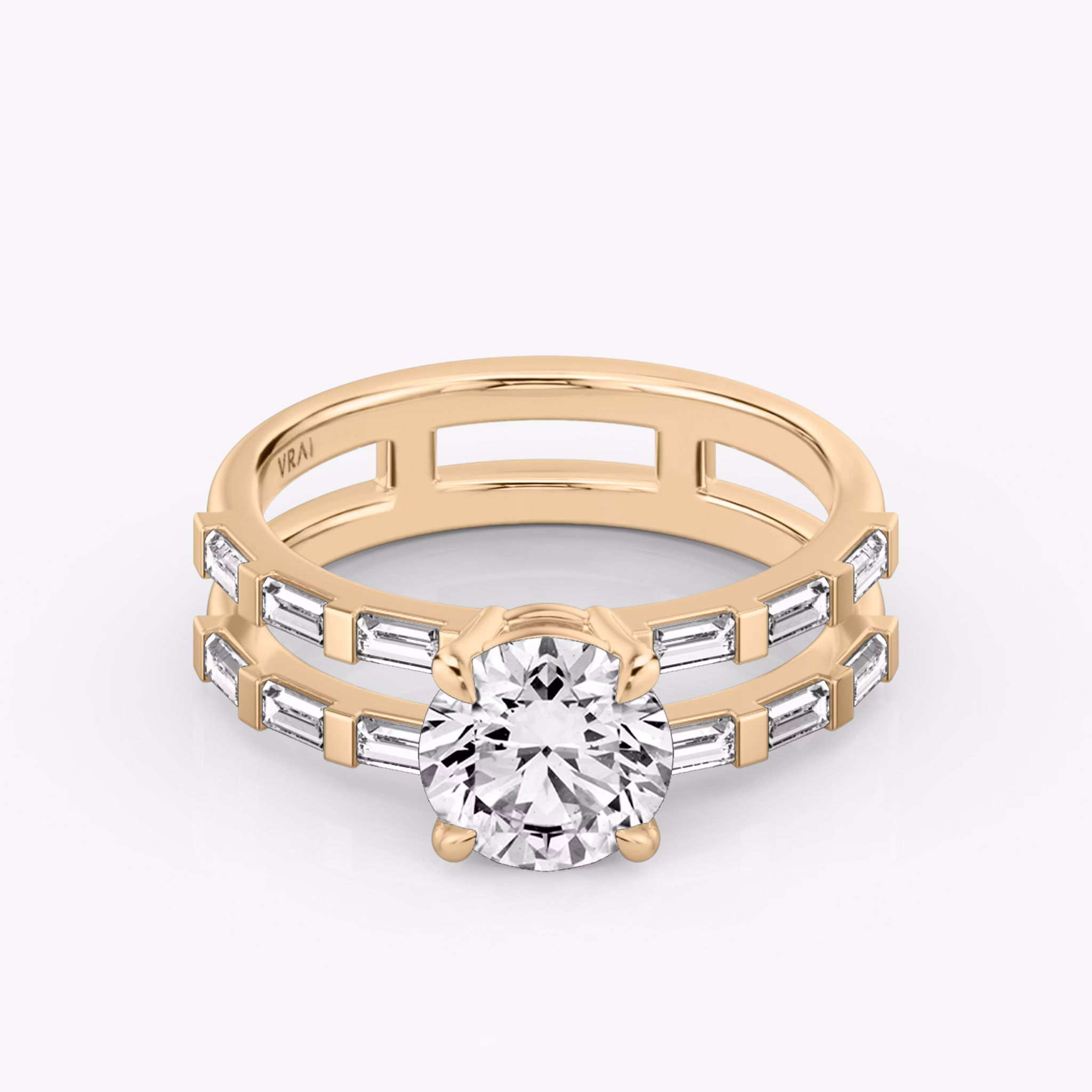 The Double Band | Round Brilliant | 14k | Rose Gold | bandAccent: Pavé | bandStoneShape: Baguette | caratWeight: other | diamondOrientation: vertical