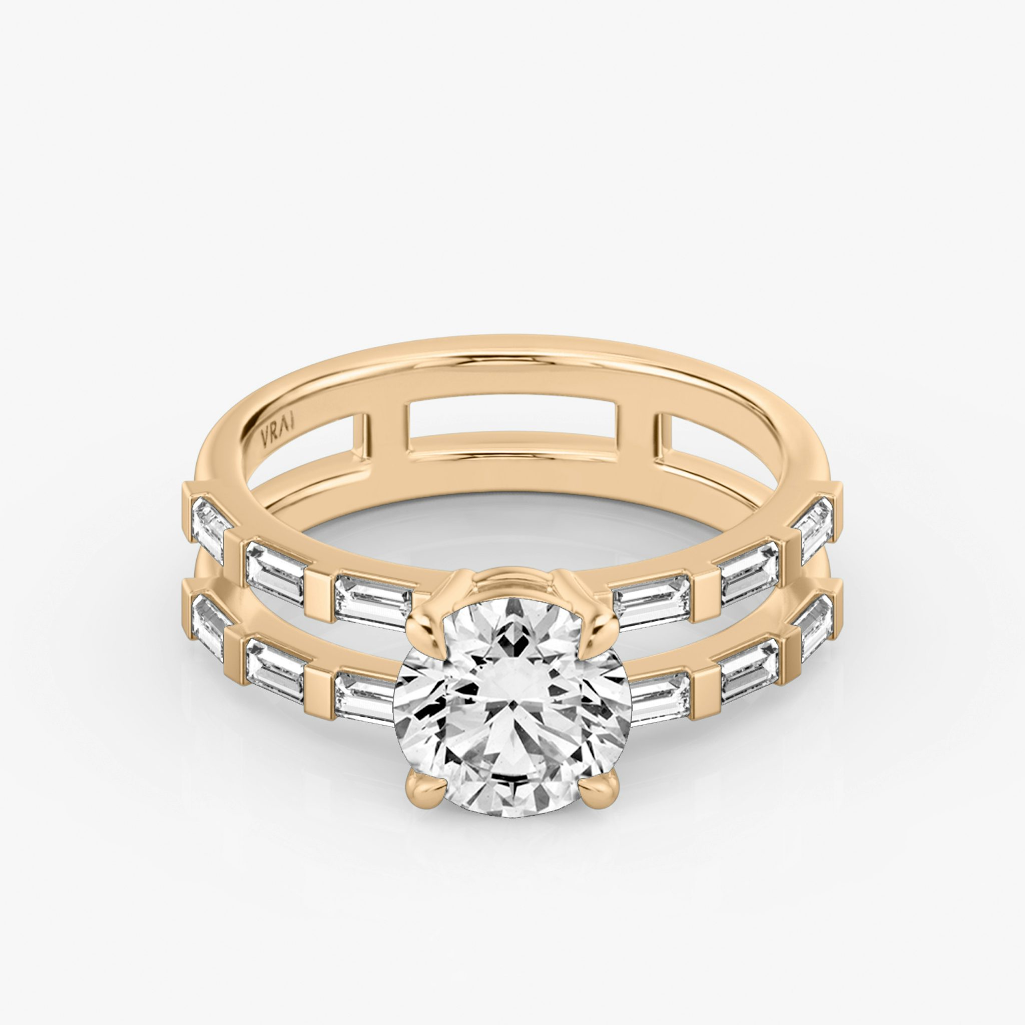 The Double Band | Round Brilliant | 14k | Rose Gold | bandAccent: Pavé | bandStoneShape: Baguette | caratWeight: other | diamondOrientation: vertical
