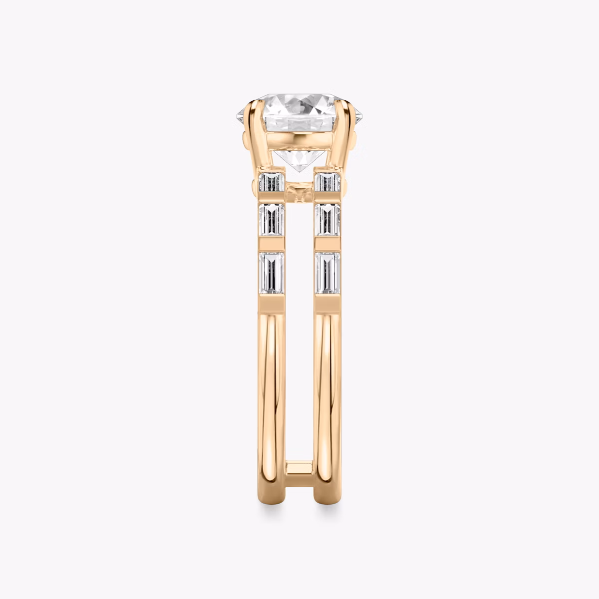 The Double Band | Round Brilliant | 14k | Rose Gold | bandAccent: Pavé | bandStoneShape: Baguette | caratWeight: 1.0ct | diamondOrientation: vertical
