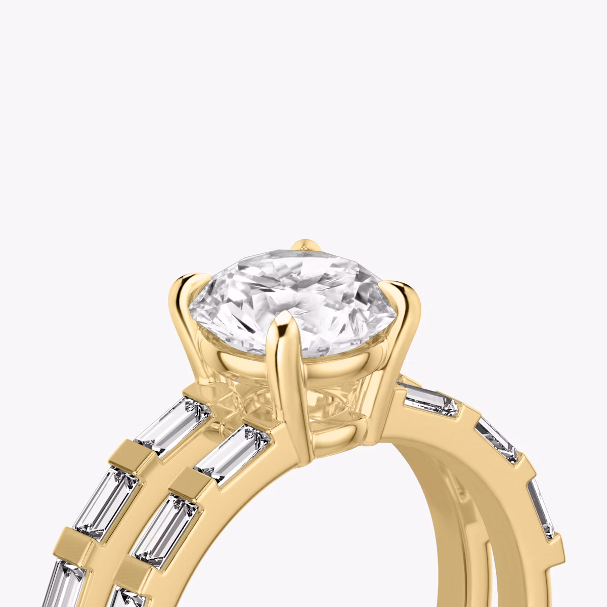 The Double Band | Round Brilliant | 18k | Yellow Gold | bandAccent: Pavé | bandStoneShape: Baguette | caratWeight: 2.0ct | diamondOrientation: vertical