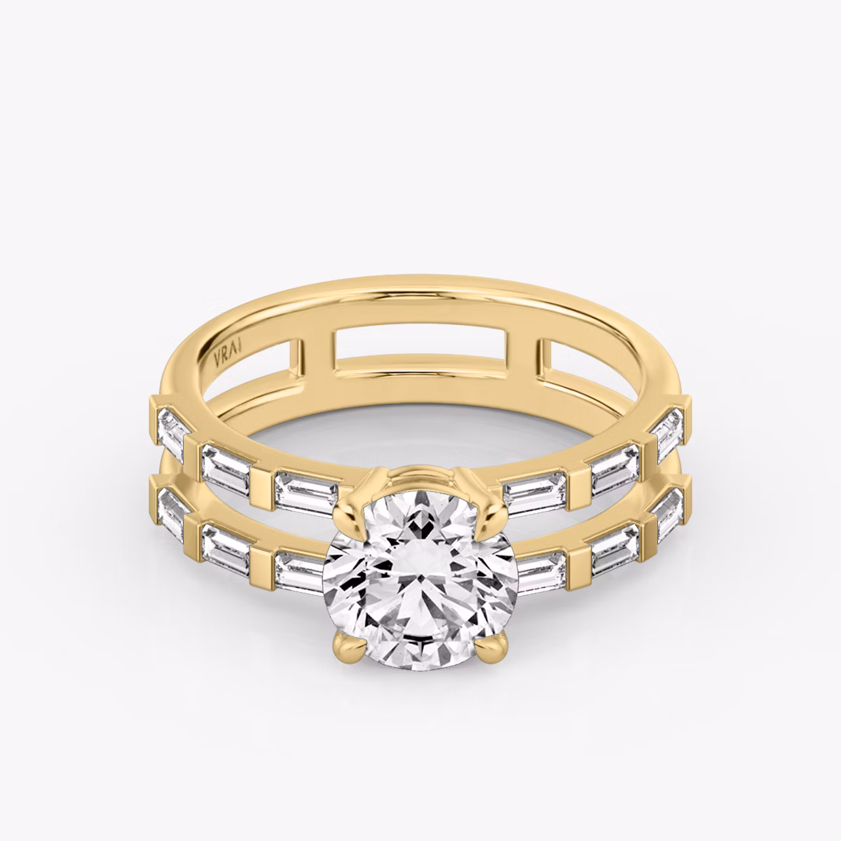 The Double Band | Round Brilliant | 18k | Yellow Gold | bandAccent: Pavé | bandStoneShape: Baguette | caratWeight: 2.0ct | diamondOrientation: vertical