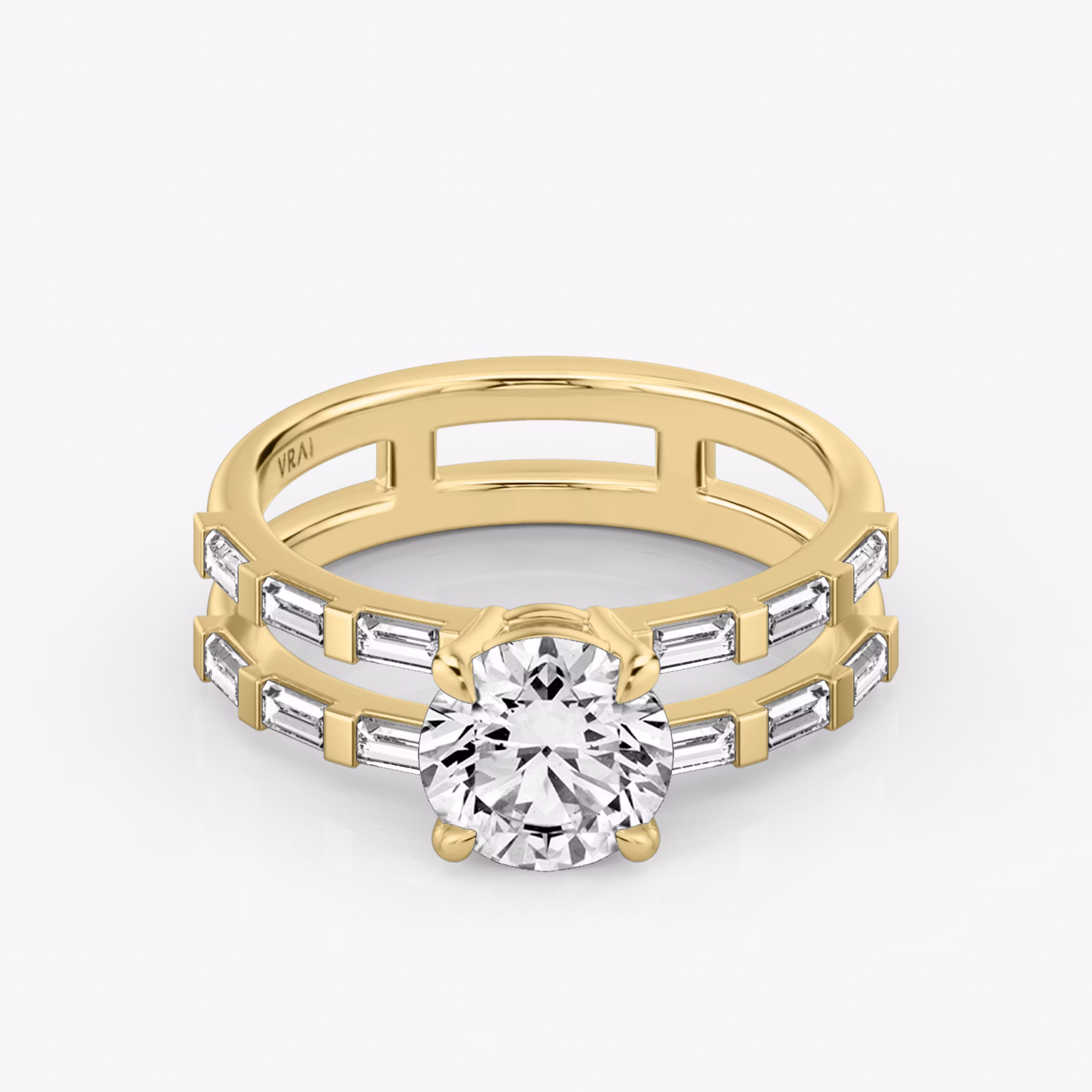 The Double Band | Round Brilliant | 18k | Yellow Gold | bandAccent: Pavé | bandStoneShape: Baguette | caratWeight: other | diamondOrientation: vertical
