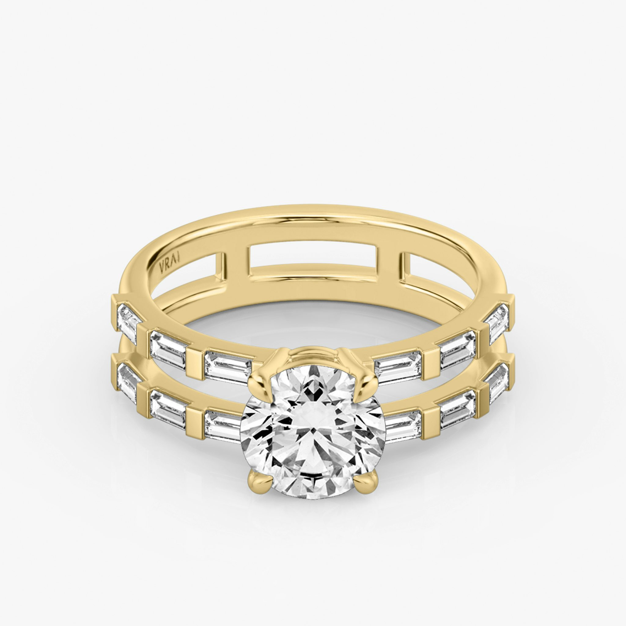 The Double Band | Round Brilliant | 18k | Yellow Gold | bandAccent: Pavé | bandStoneShape: Baguette | caratWeight: other | diamondOrientation: vertical
