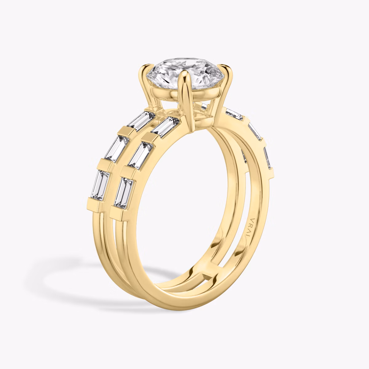 The Double Band | Round Brilliant | 18k | Yellow Gold | bandAccent: Pavé | bandStoneShape: Baguette | caratWeight: 2.0ct | diamondOrientation: vertical