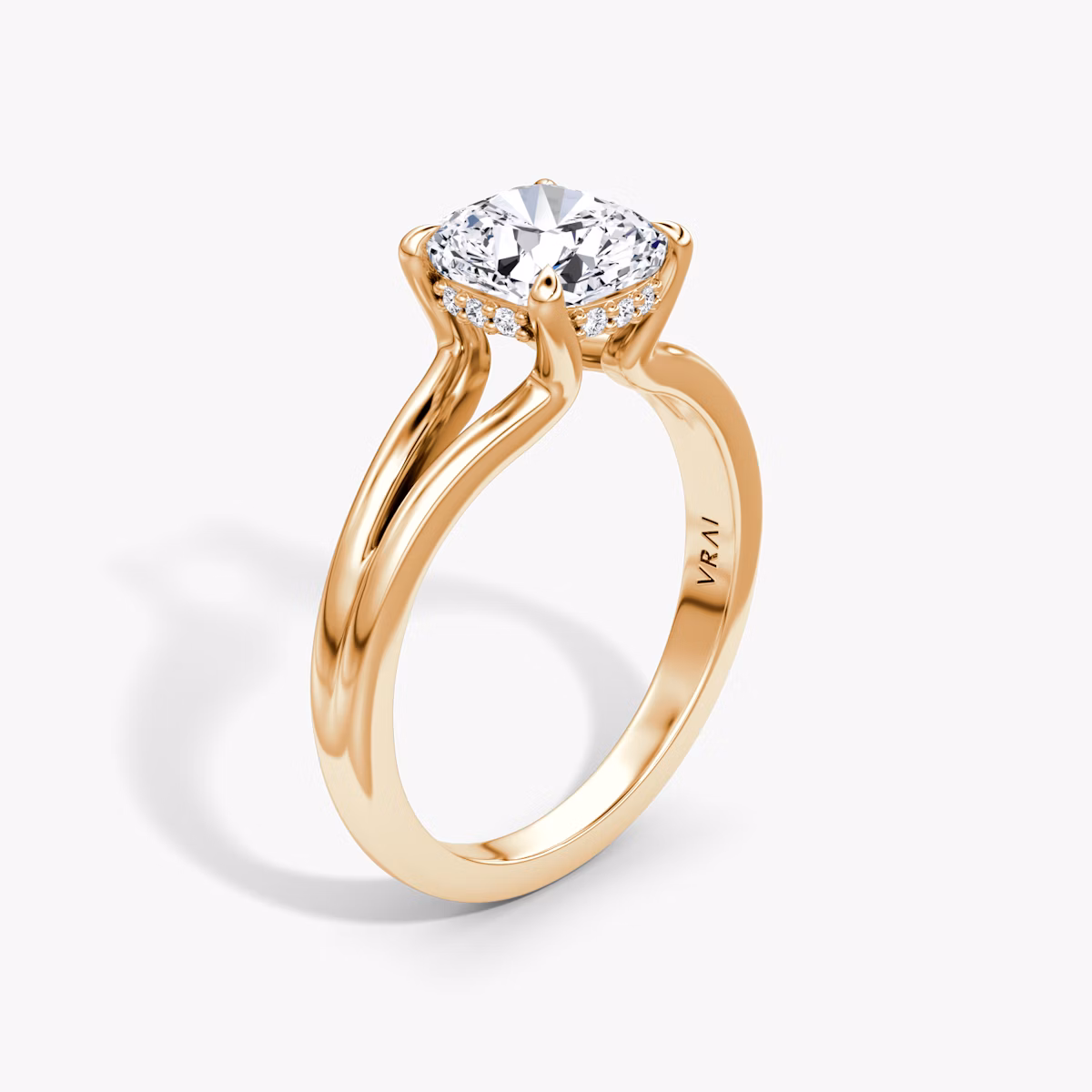 split floating engagement ring cushion plain rose gold