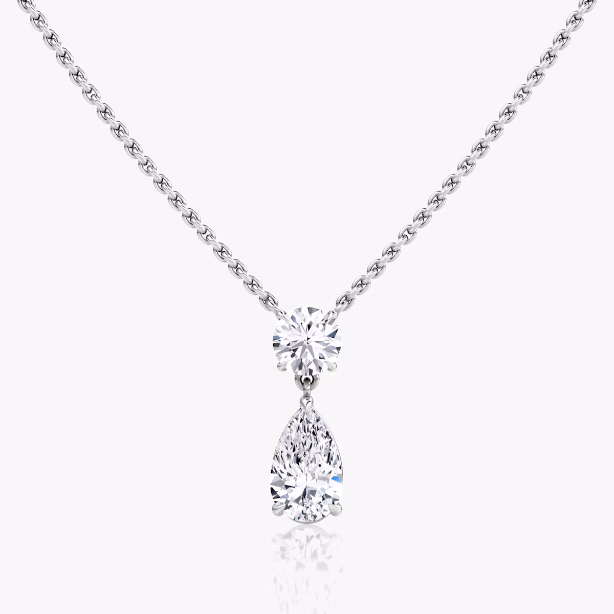 Duo Drop Necklace | Round Brilliant and Pear | 14k | White Gold | chainLength: 16-18
