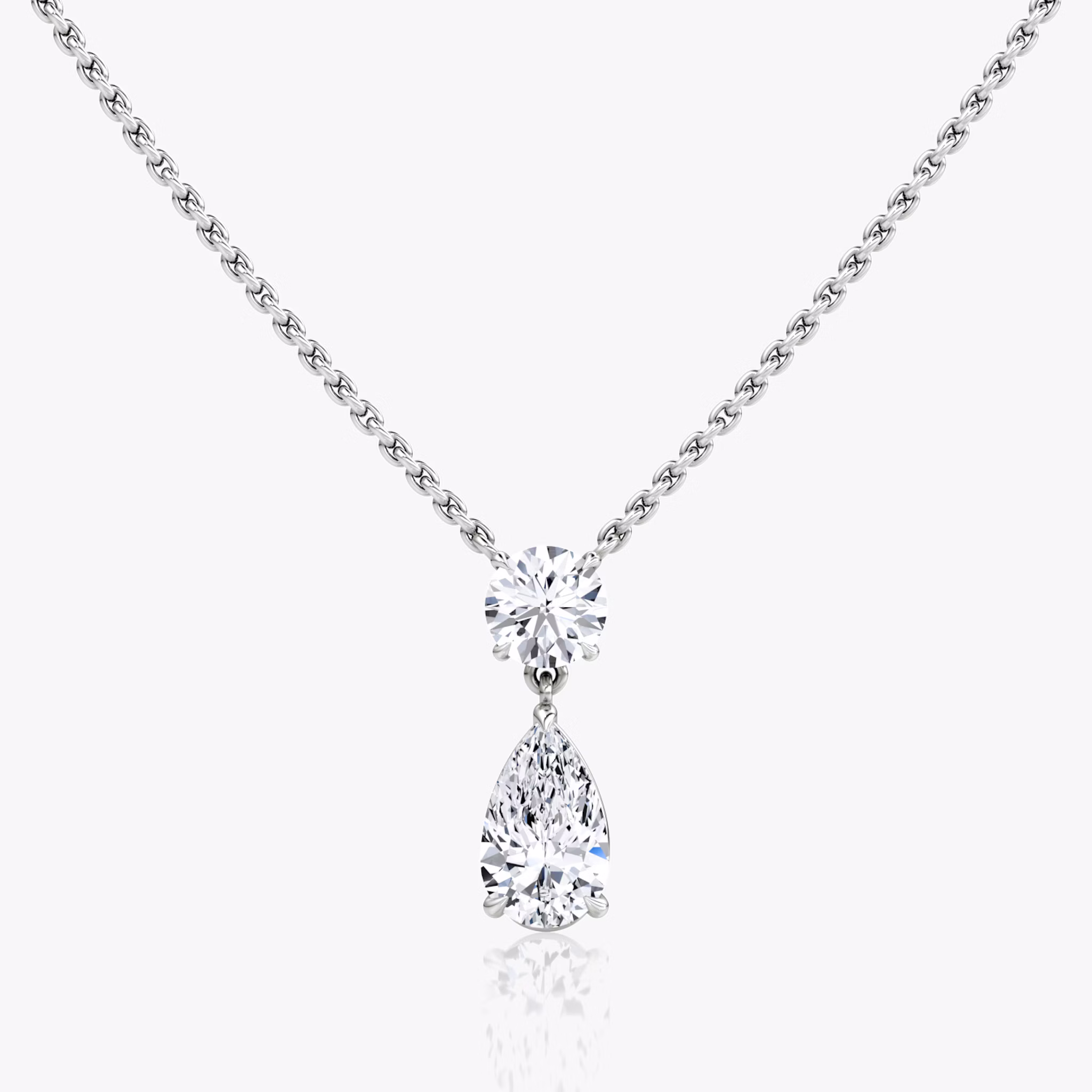 Duo Drop Necklace | Round Brilliant and Pear | 14k | White Gold | chainLength: 16-18
