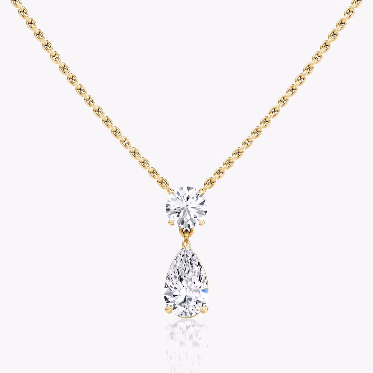 Duo Drop Necklace | Round Brilliant and Pear | 14k | Yellow Gold | chainLength: 16-18