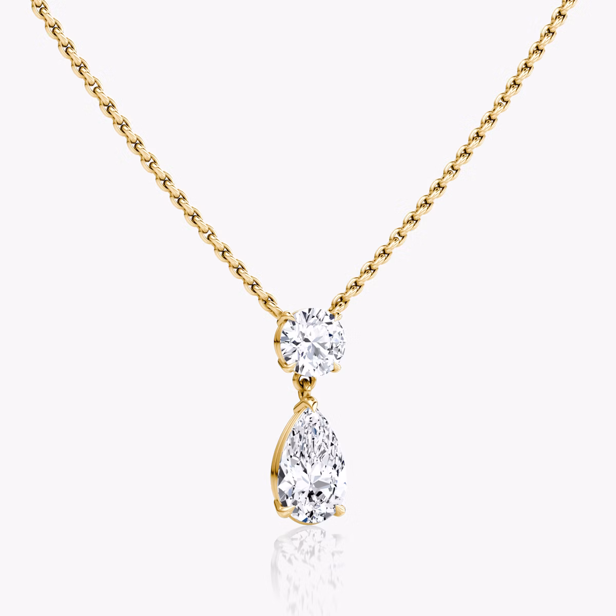 Duo Drop Necklace | Round Brilliant and Pear | 14k | Yellow Gold | chainLength: 16-18