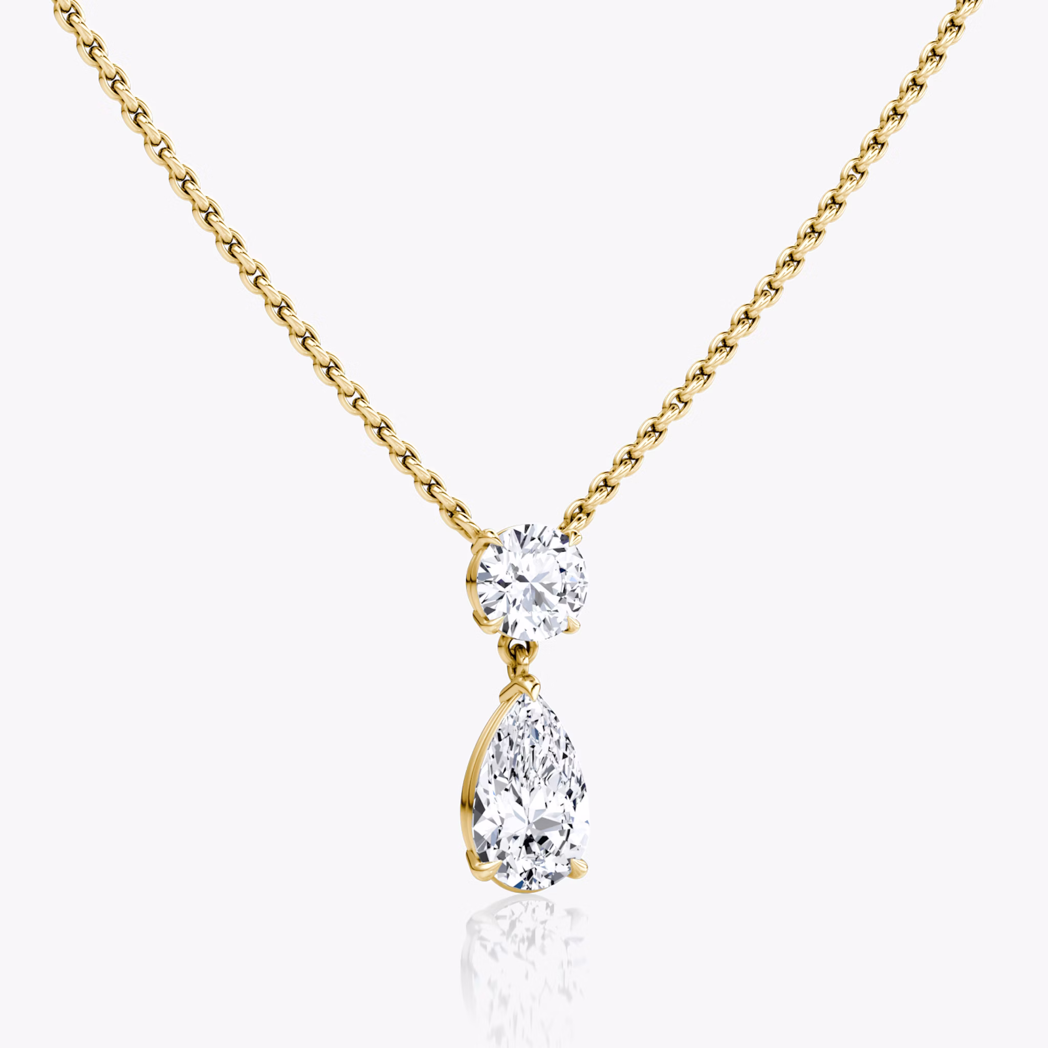 Duo Drop Necklace | Round Brilliant and Pear | 14k | Yellow Gold | chainLength: 16-18
