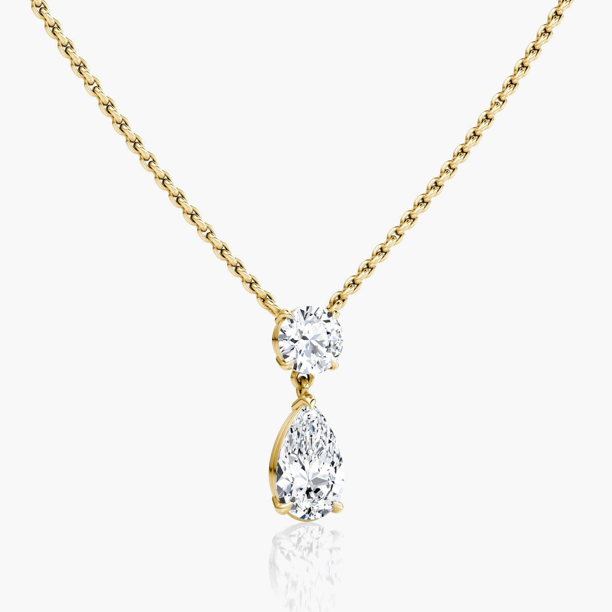 Duo Drop Necklace | Round Brilliant and Pear | 14k | Yellow Gold | chainLength: 16-18