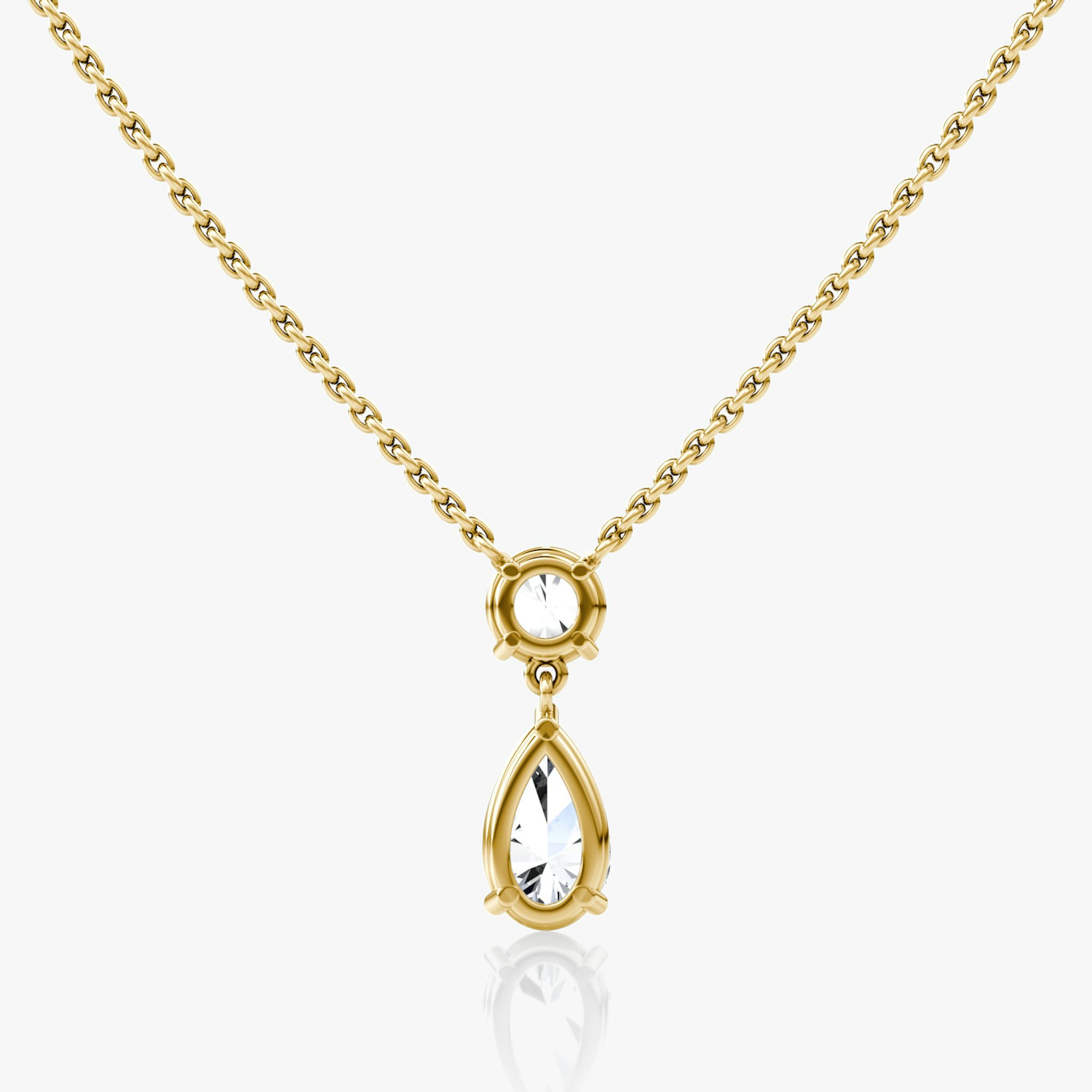 Duo Drop Necklace | Round Brilliant and Pear | 14k | Yellow Gold | chainLength: 16-18