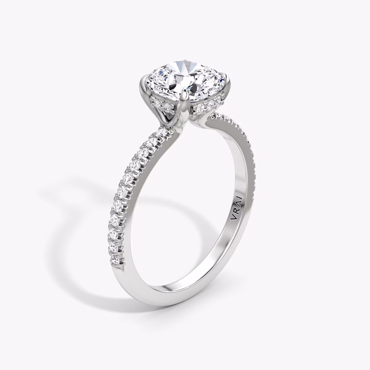 The Floating Solitaire | Cushion | 18k | White Gold | bandAccent: Pavé | diamondOrientation: vertical | caratWeight: other
