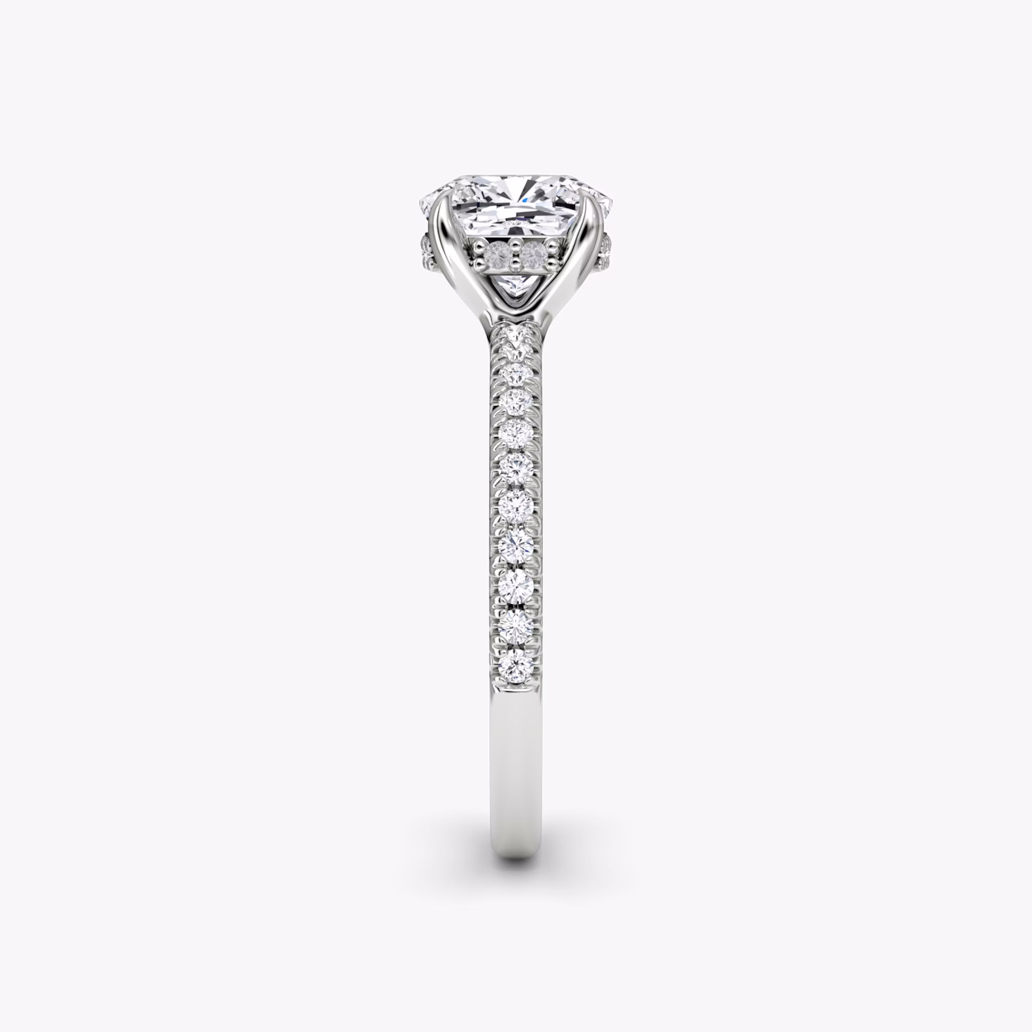 The Floating Solitaire | Cushion | Platinum | bandAccent: Pavé | diamondOrientation: vertical | caratWeight: other
