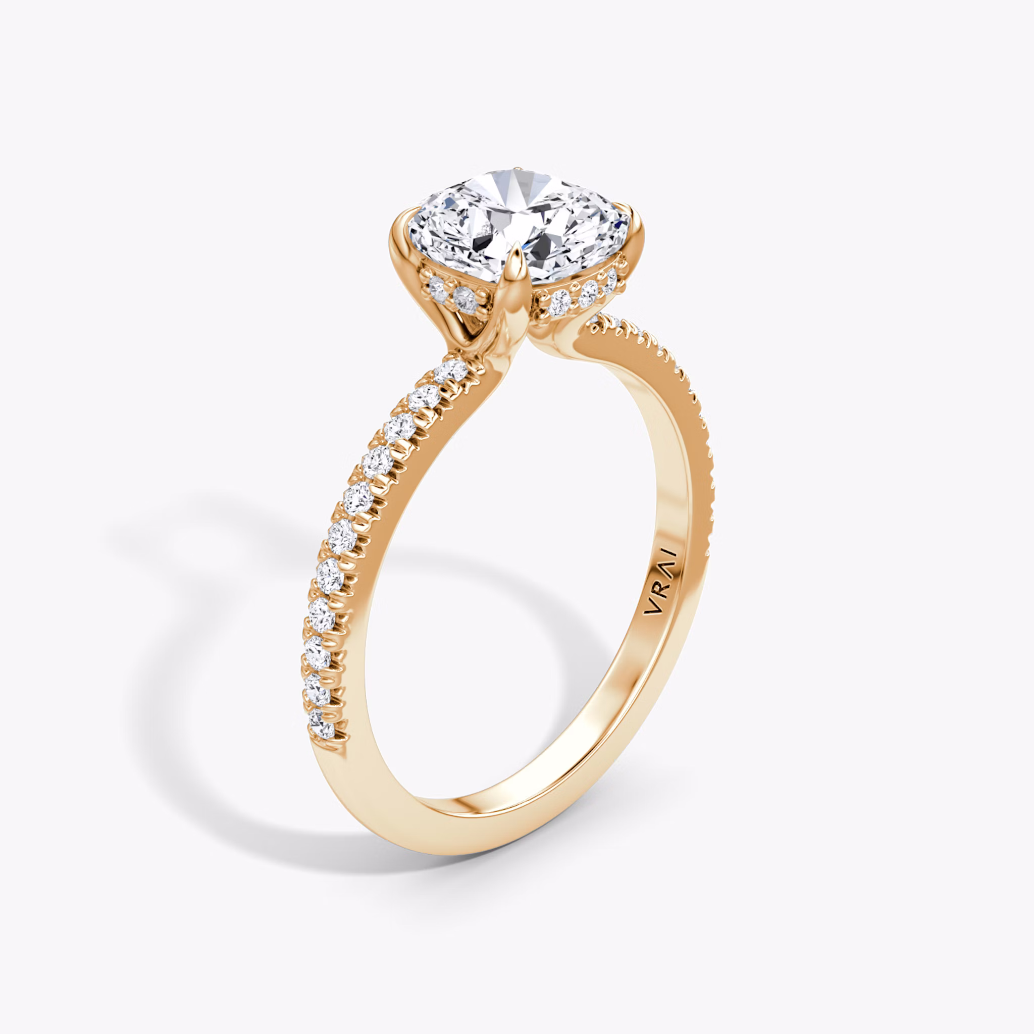 The Floating Solitaire | Cushion | 14k | Rose Gold | bandAccent: Pavé | diamondOrientation: vertical | caratWeight: other