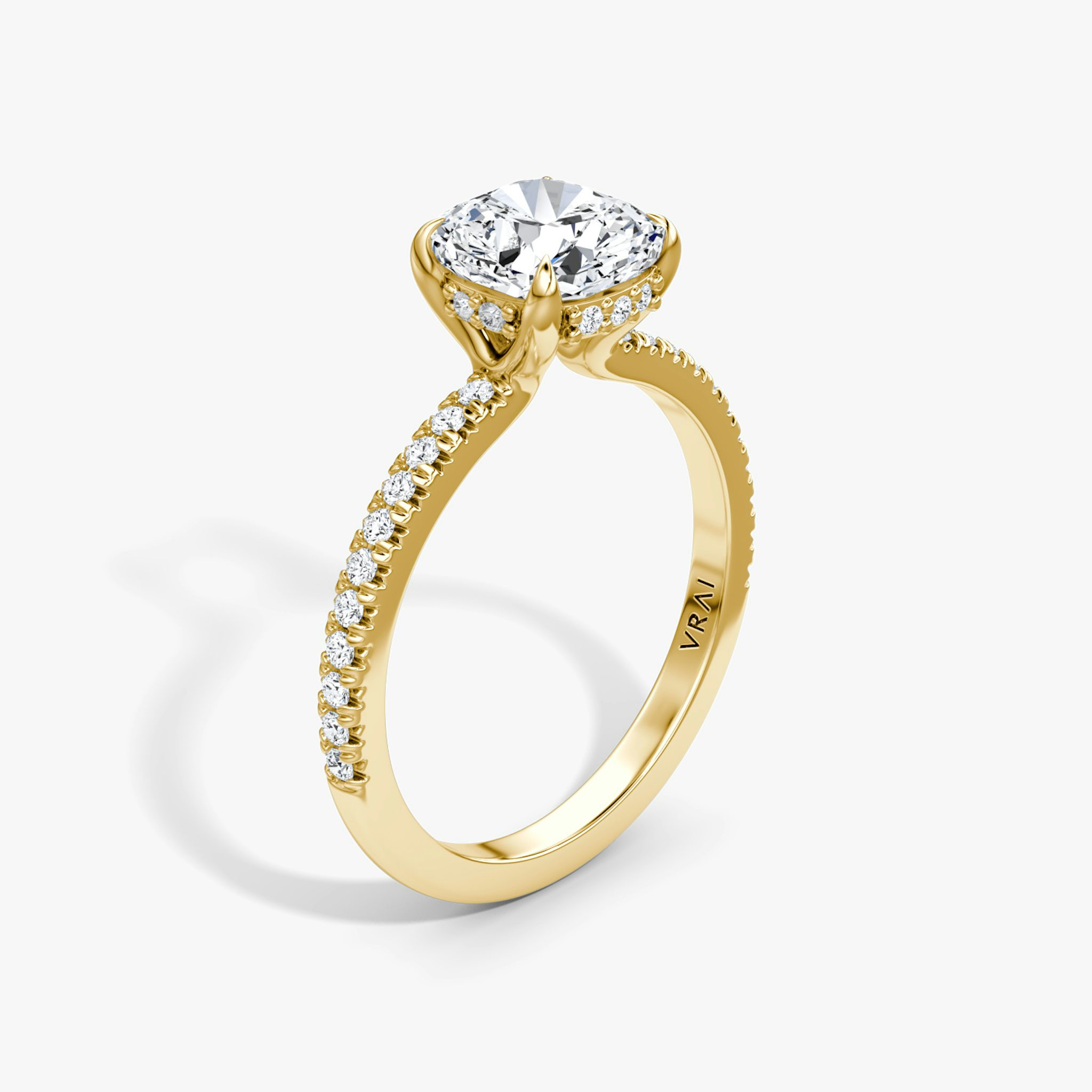 The Floating Solitaire | Cushion | 18k | Yellow Gold | bandAccent: Pavé | diamondOrientation: vertical | caratWeight: other