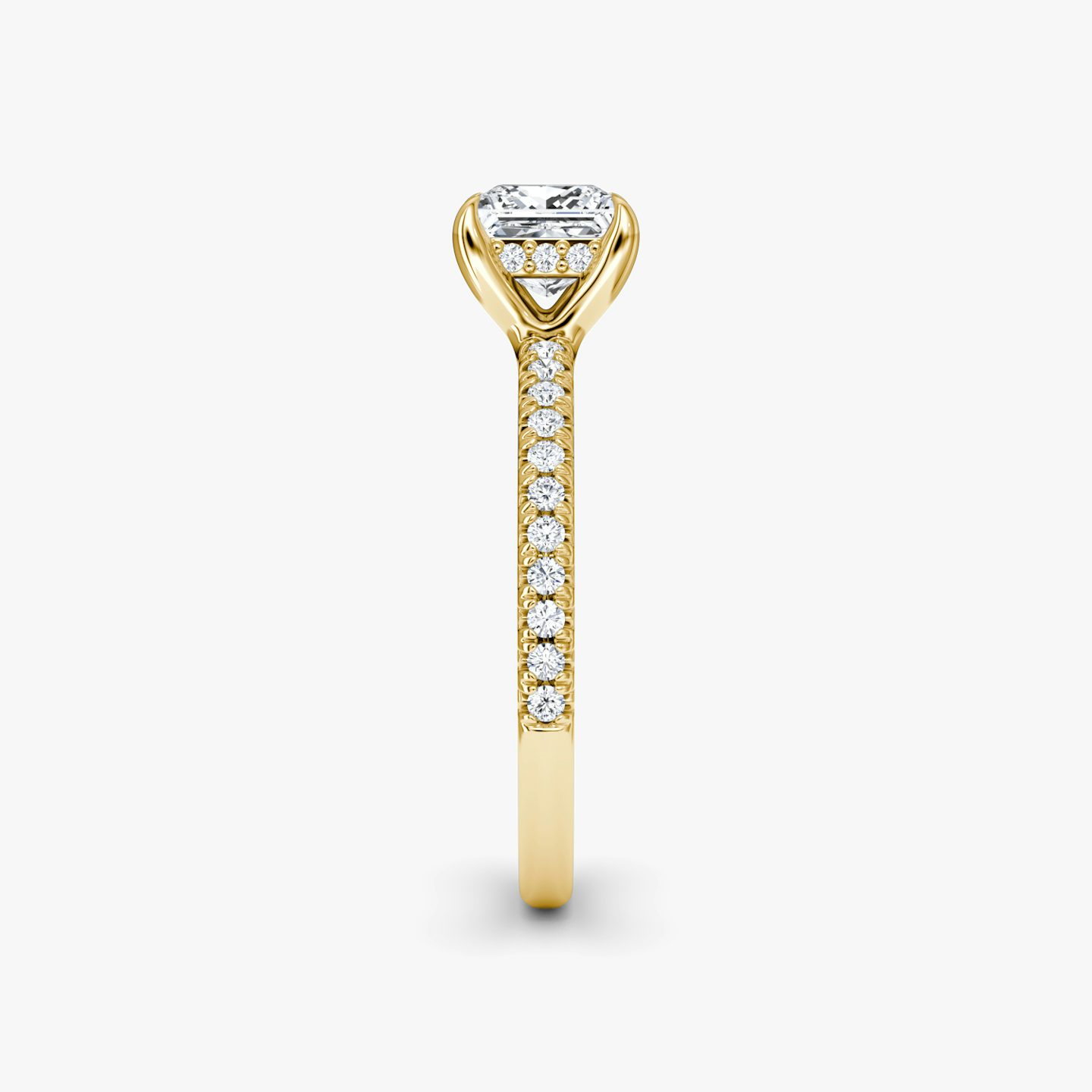 hidden diamond floating engagement  ring princess pave yellow gold side view