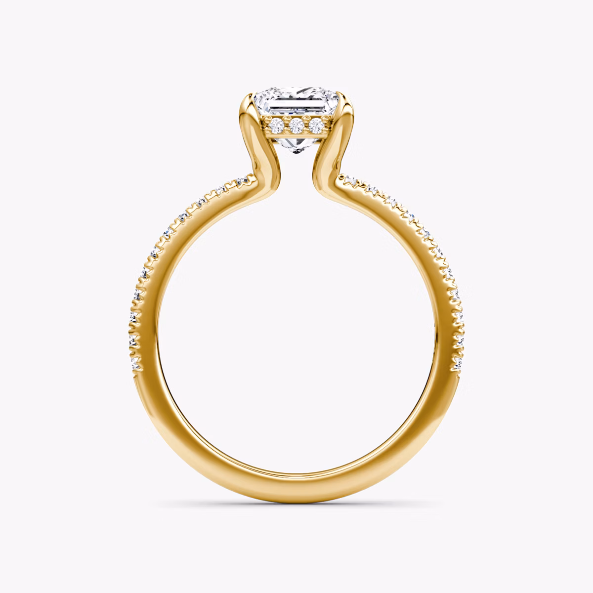 hidden diamond floating engagement ring princess pave yellow gold profile view