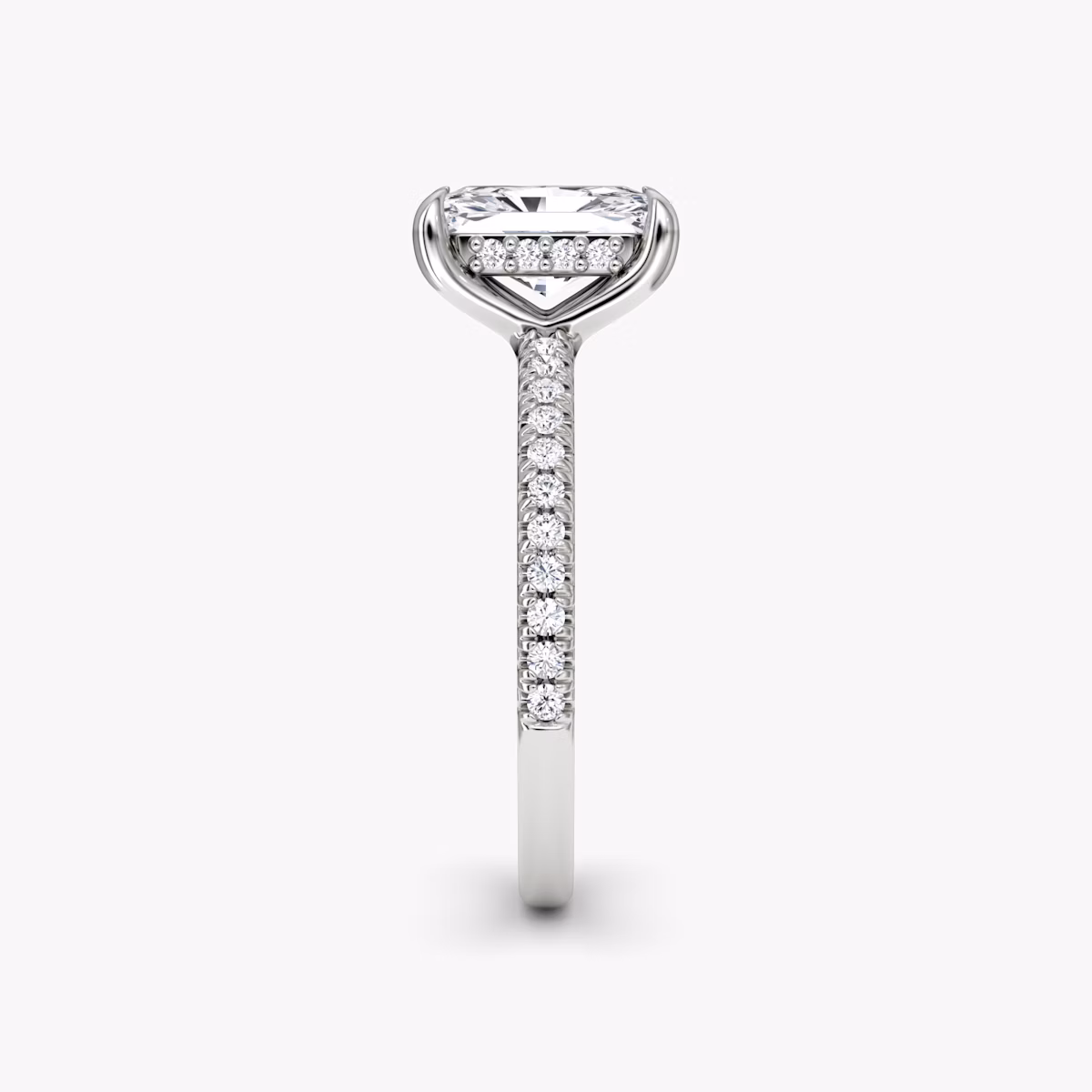 The Floating Solitaire | Radiant | 18k | White Gold | bandAccent: Pavé | diamondOrientation: vertical | caratWeight: other