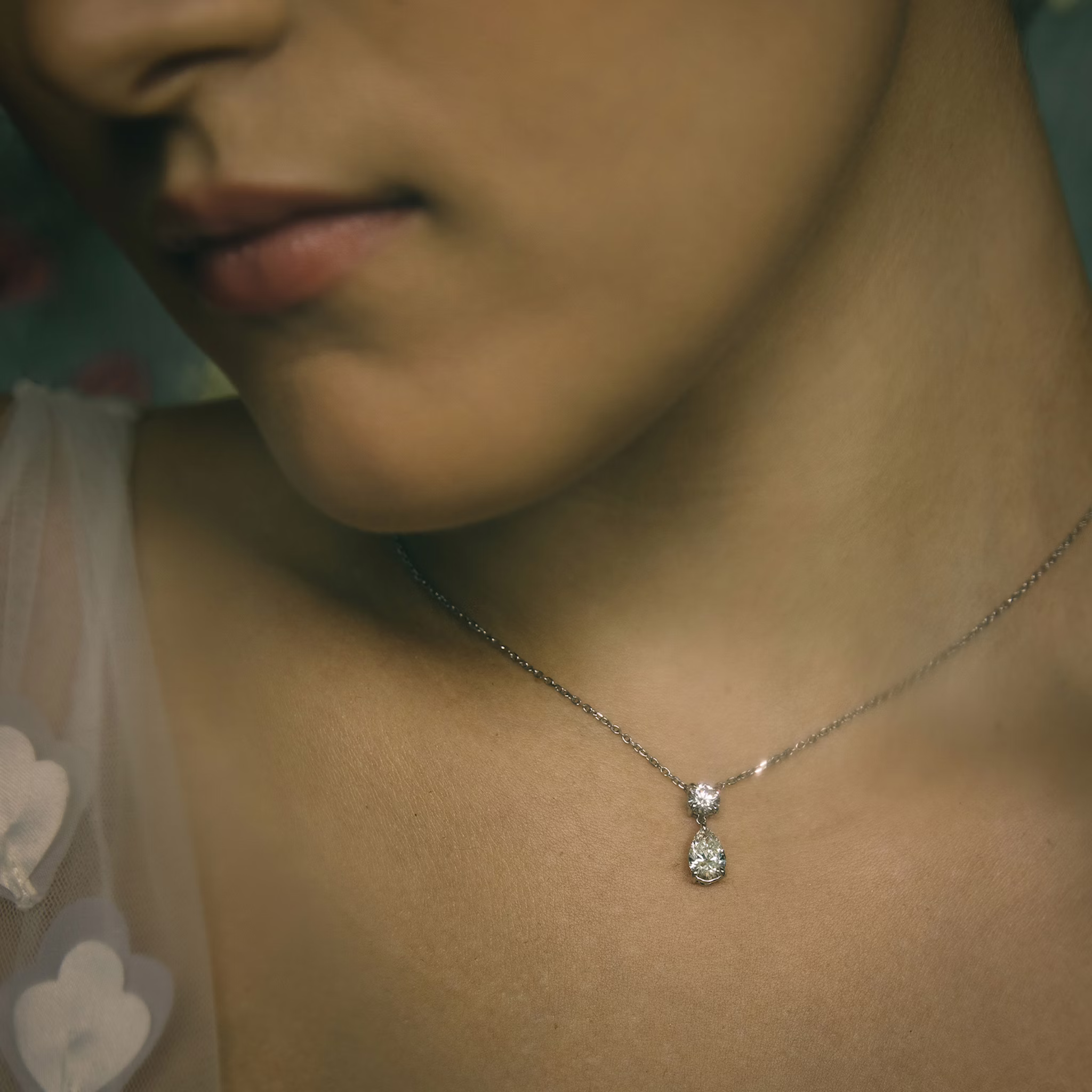 Duo Drop Necklace | Round Brilliant and Pear | 14k | Yellow Gold | chainLength: 16-18