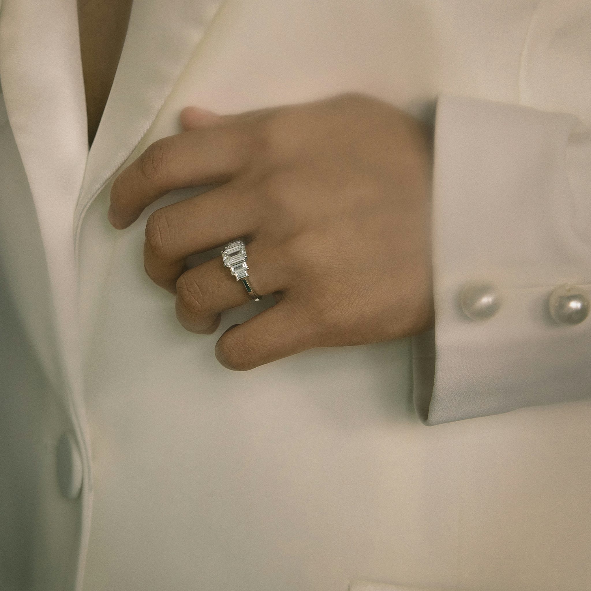 five stone engagement ring princess plain white gold on model