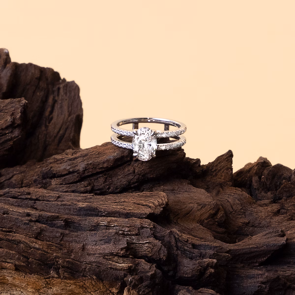 The Double Band | Oval | 14k | Rose Gold | bandAccent: Pavé | bandStoneShape: Round Brilliant | diamondOrientation: vertical | caratWeight: other