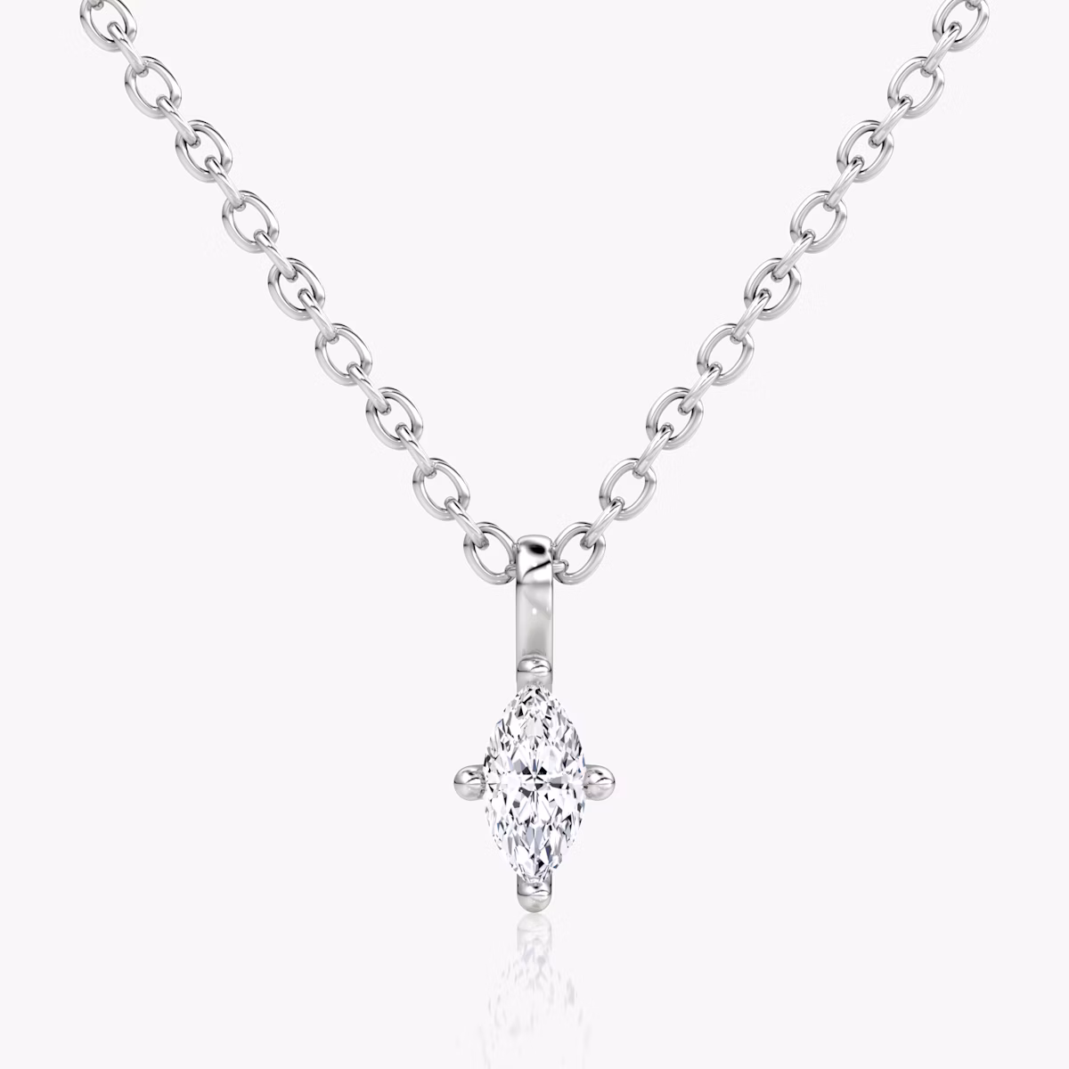 Solitaire marquise-cut diamond pendant in white gold on a fine chain, front view.