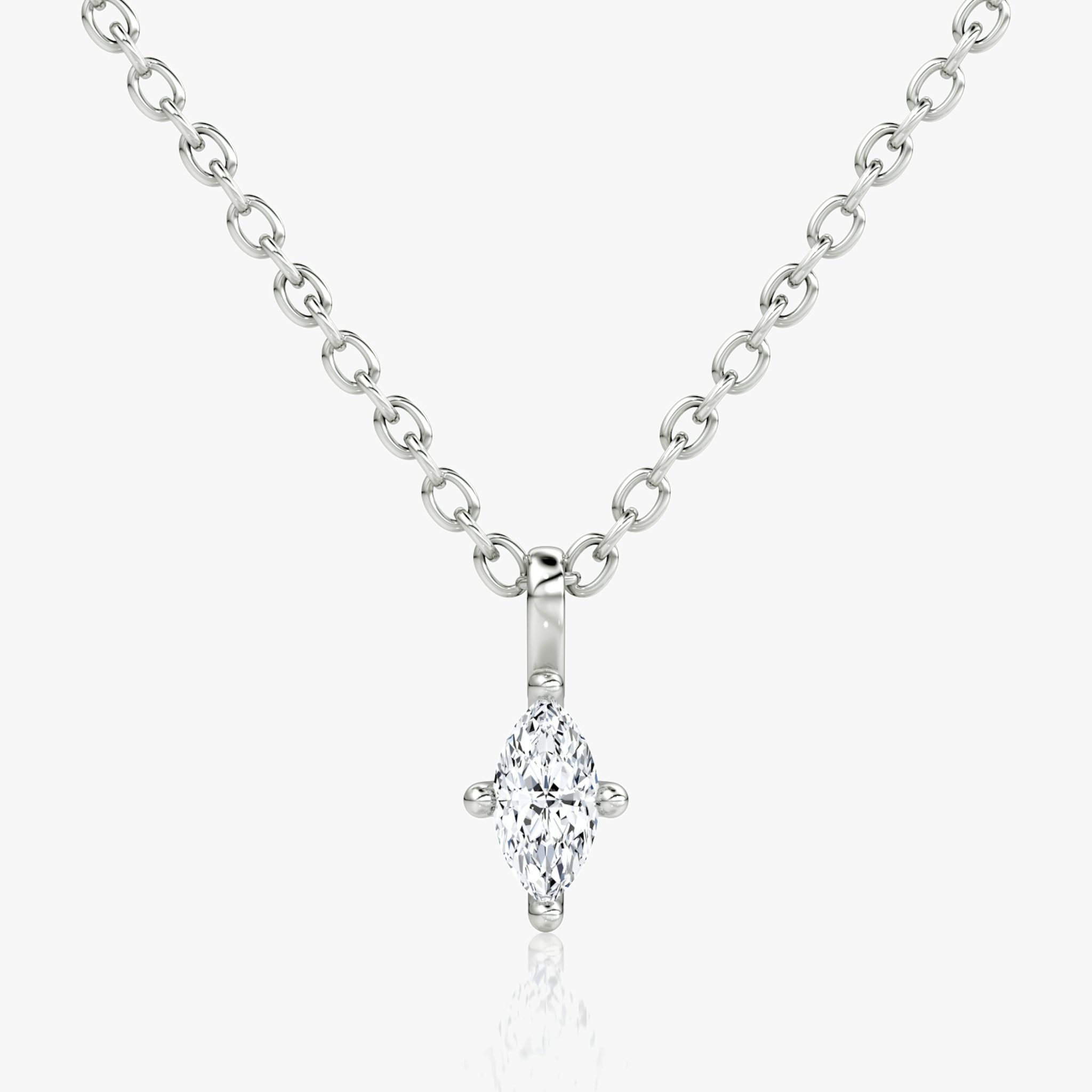 Solitaire marquise-cut diamond pendant in white gold on a fine chain, front view.