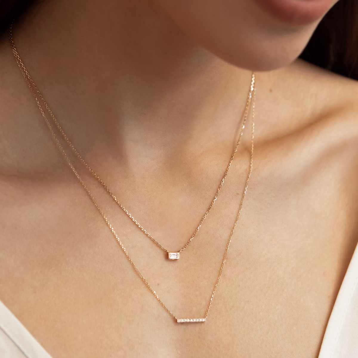 Petite Pavé Bar Halskette | Rund | 14k | Gelbgold | chainLength: 16-18