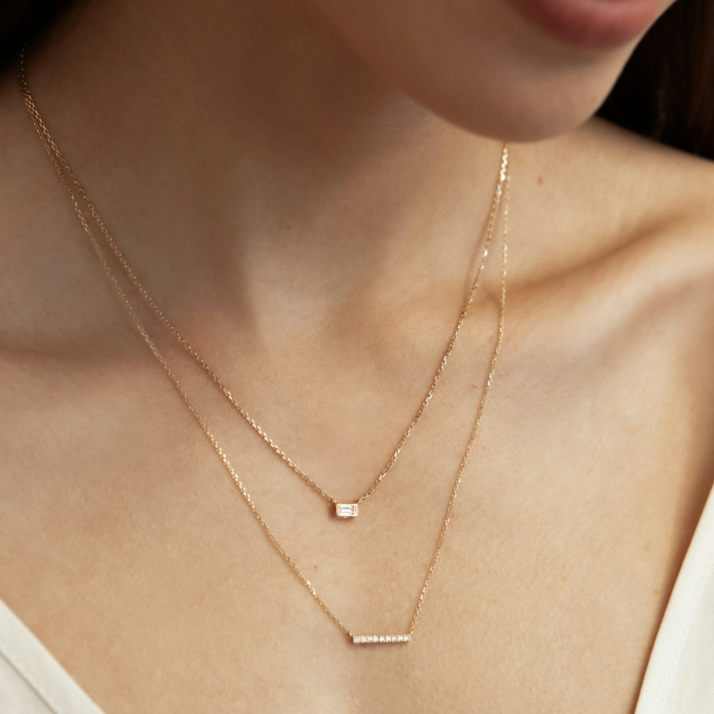 Petite Pavé Bar Halskette | Rund | 14k | Gelbgold | chainLength: 16-18