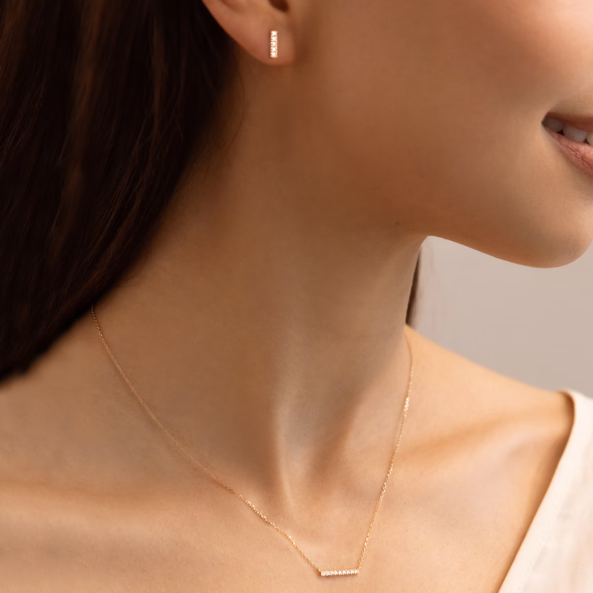 Petite Pavé Bar Halskette | Rund | 14k | Gelbgold | chainLength: 16-18
