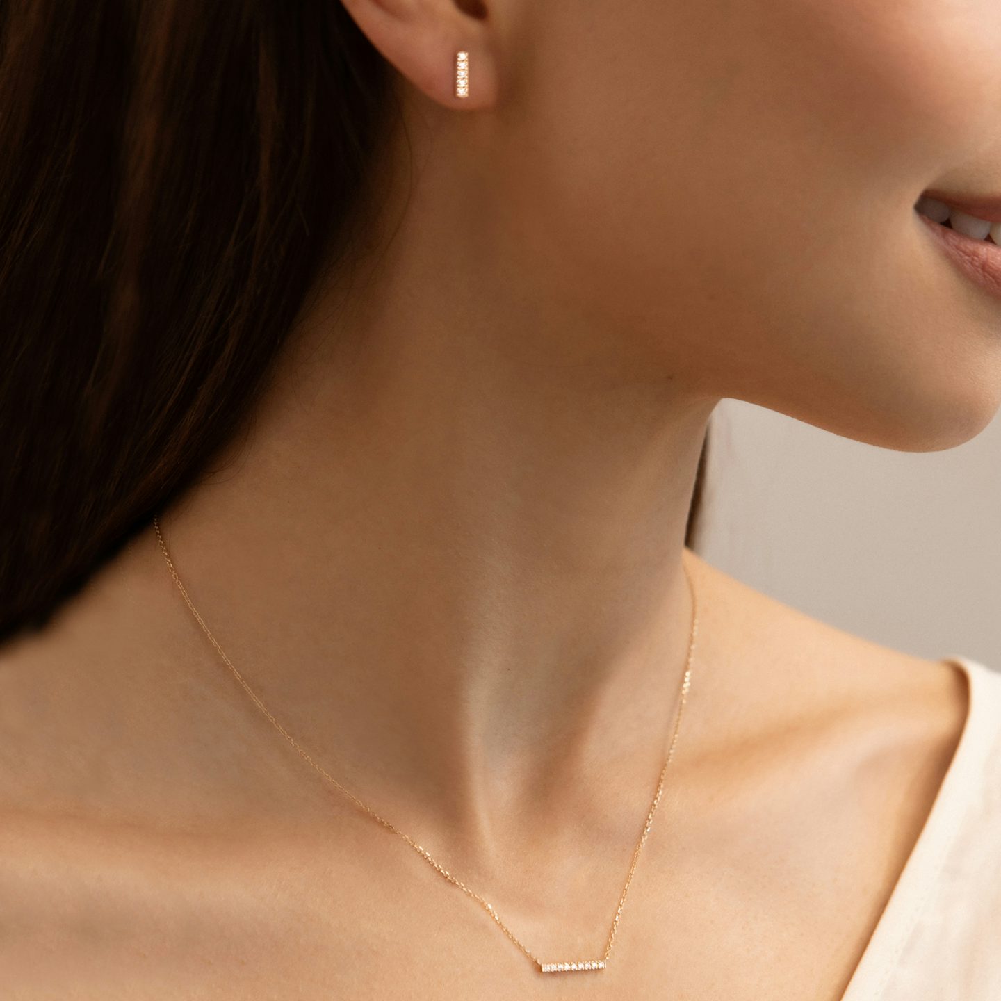 Petite Pavé Bar Halskette | Rund | 14k | Gelbgold | chainLength: 16-18
