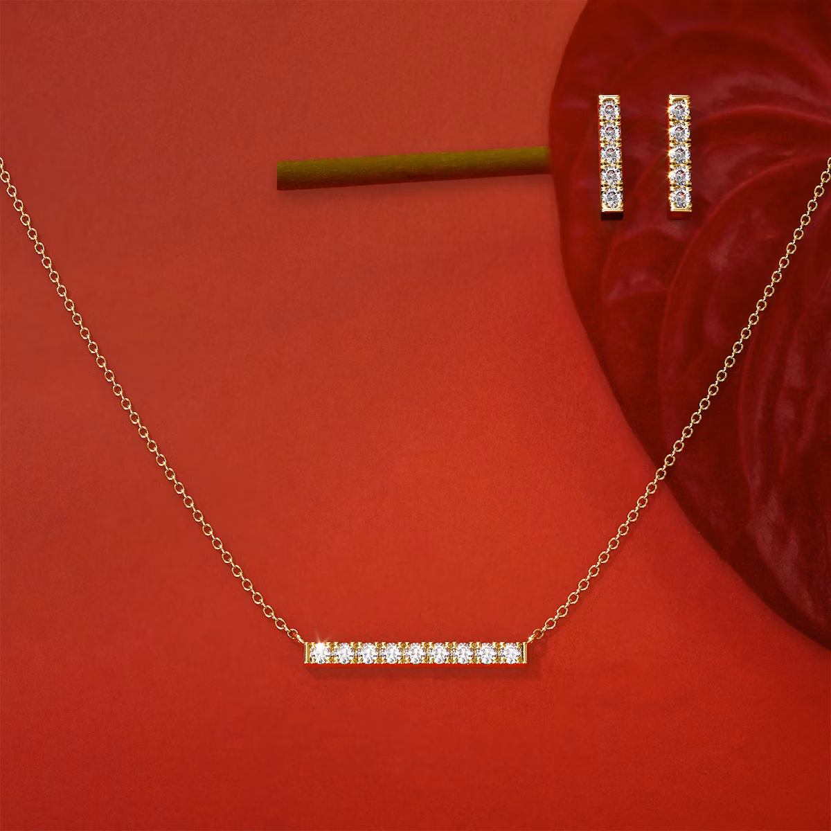 Petite Pavé Bar Halskette | Rund | 14k | Gelbgold | chainLength: 16-18