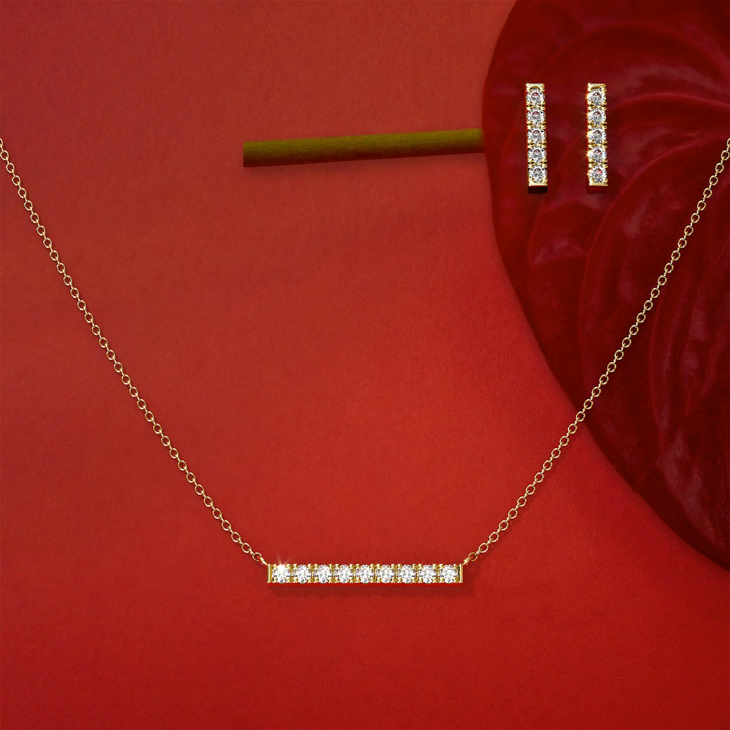 Petite Pavé Bar Halskette | Rund | 14k | Gelbgold | chainLength: 16-18