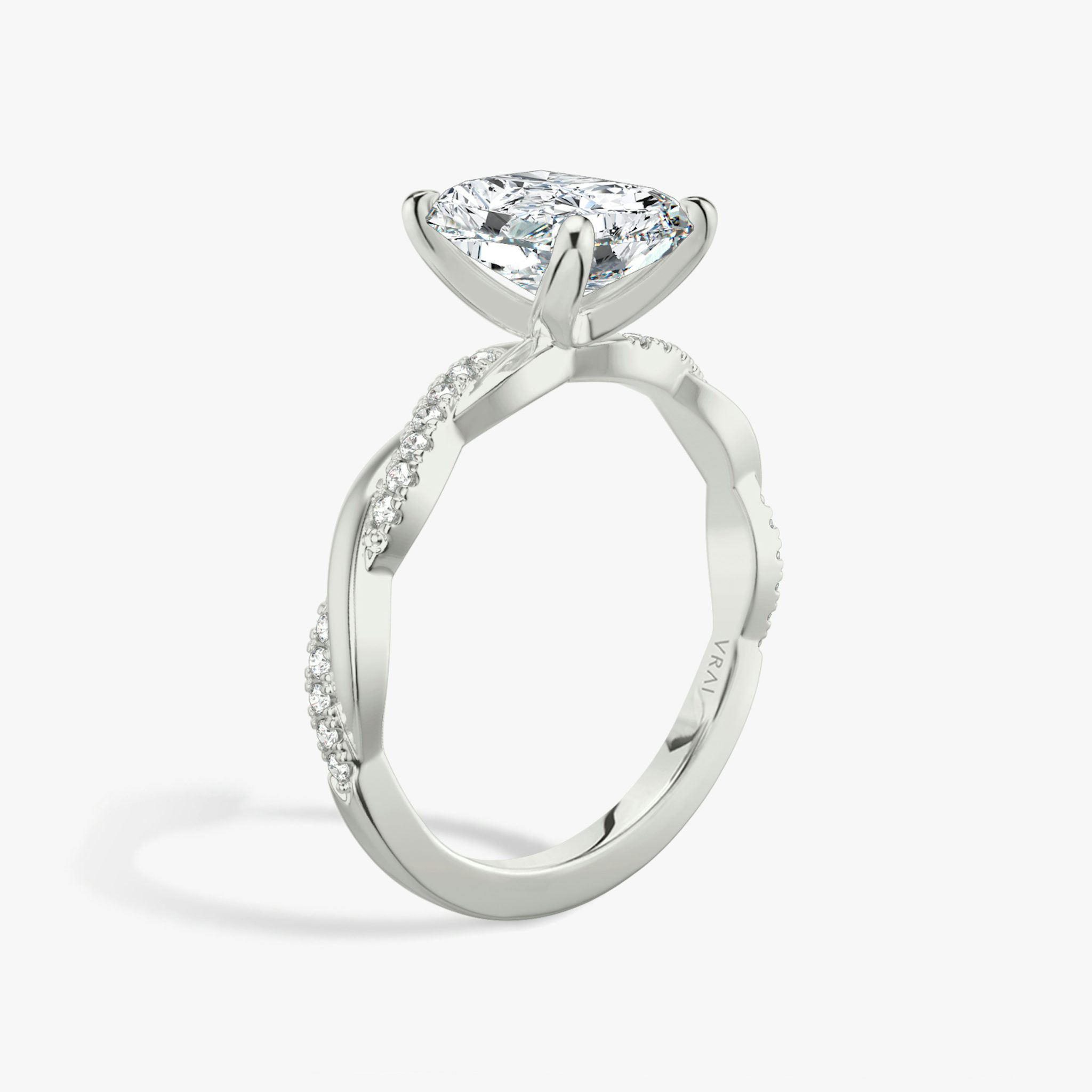 Radiant-cut diamond ring with pavé twisted platinum band, VRAI Twisted Classic setting.