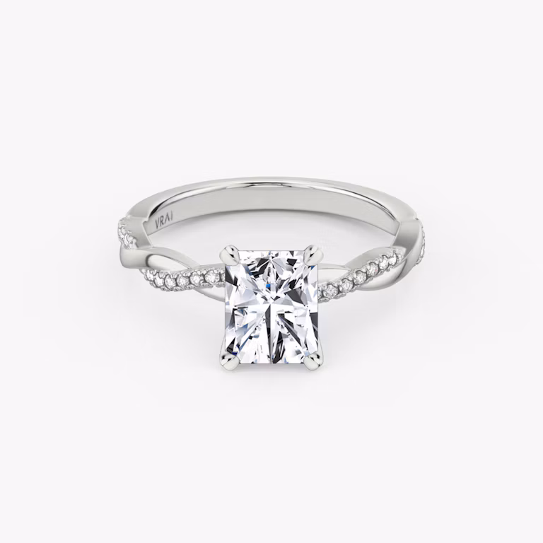 Radiant-cut diamond ring with pavé twisted platinum band, VRAI Twisted Classic setting.