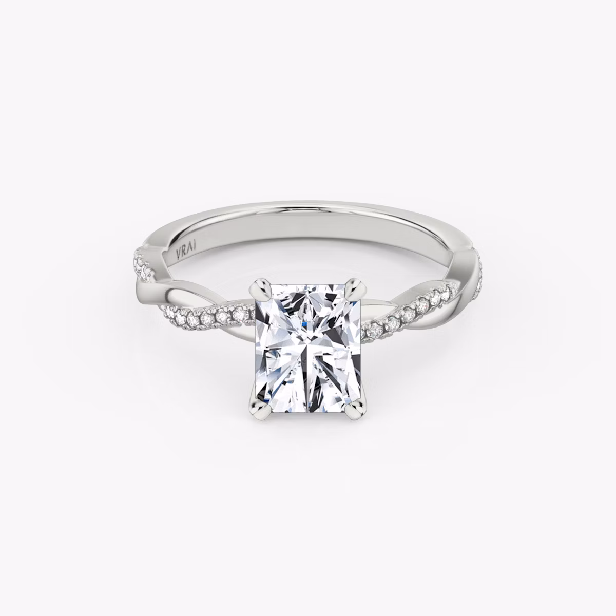 Radiant-cut diamond ring with pavé twisted platinum band, VRAI Twisted Classic setting.