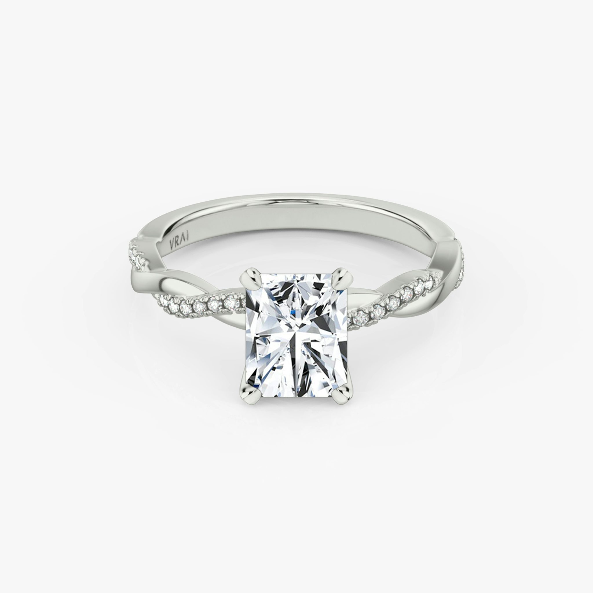 Radiant-cut diamond ring with pavé twisted platinum band, VRAI Twisted Classic setting.