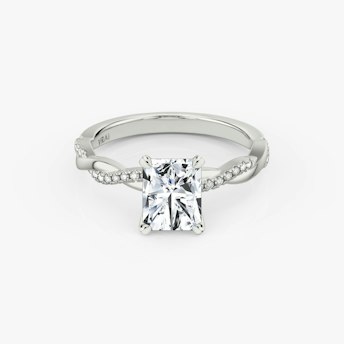 Radiant-cut diamond ring with pavé twisted platinum band, VRAI Twisted Classic setting.
