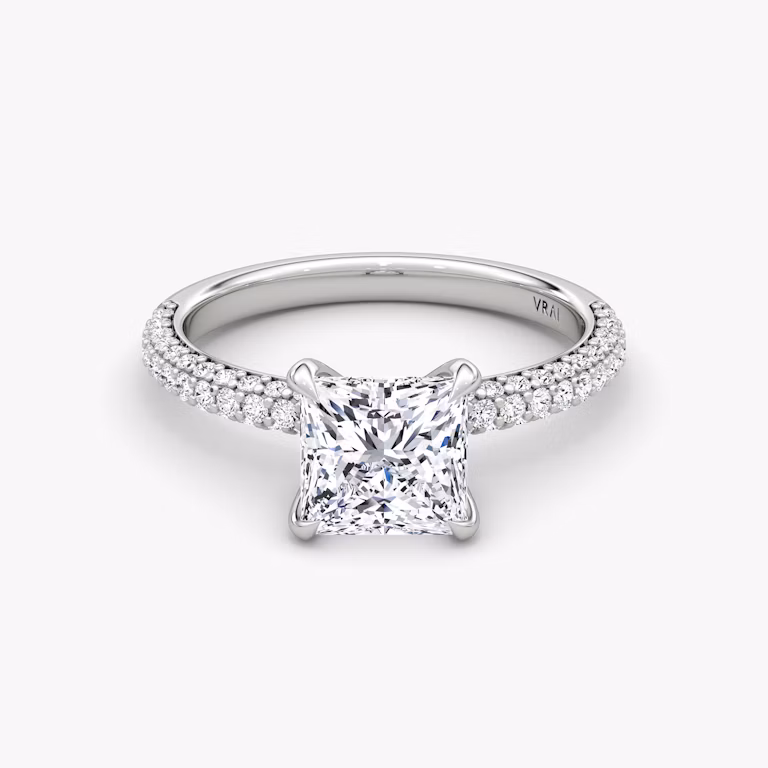 three-row dome engagement ring princess cut in pave white gold