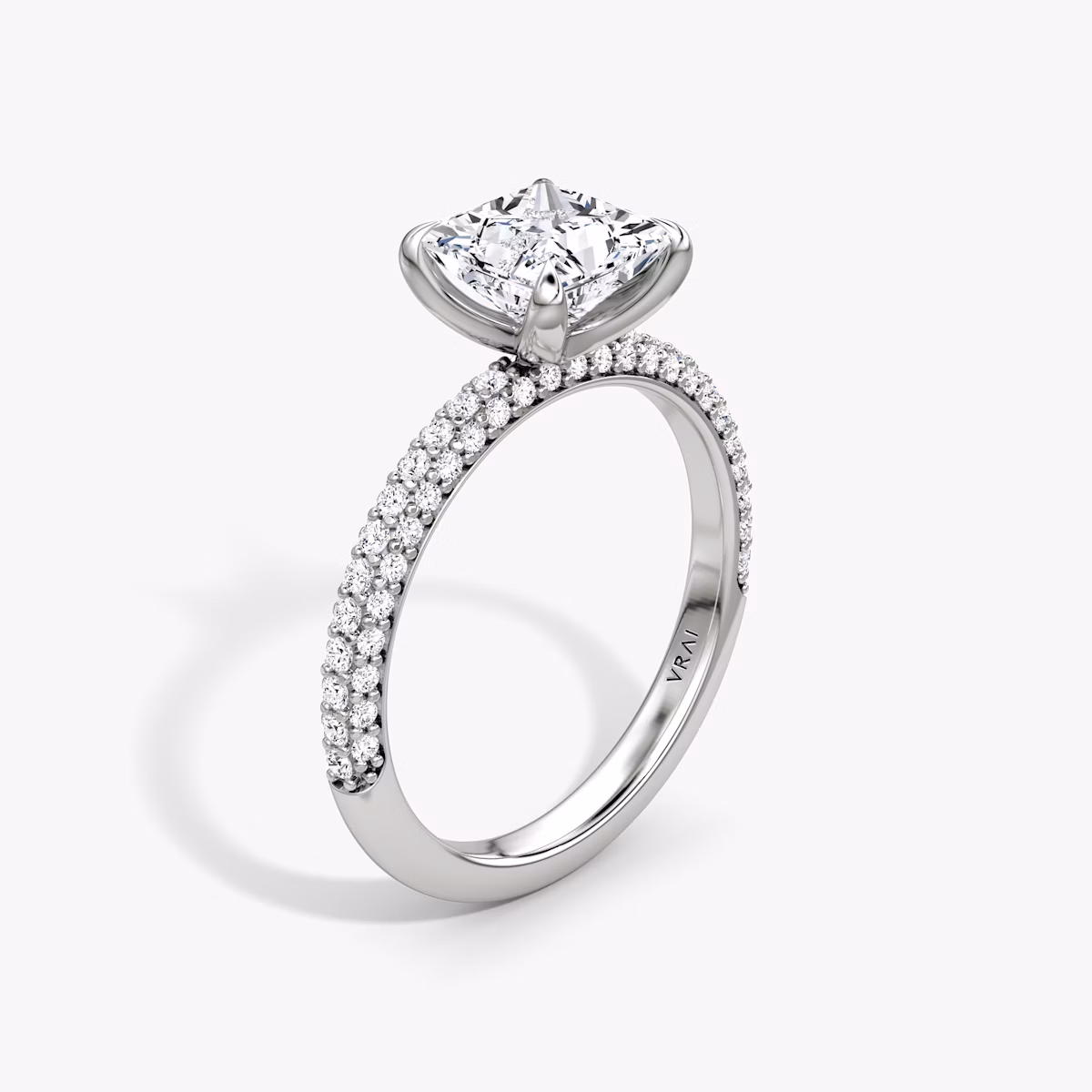 three-row dome engagement ring princess cut in pave white gold upright