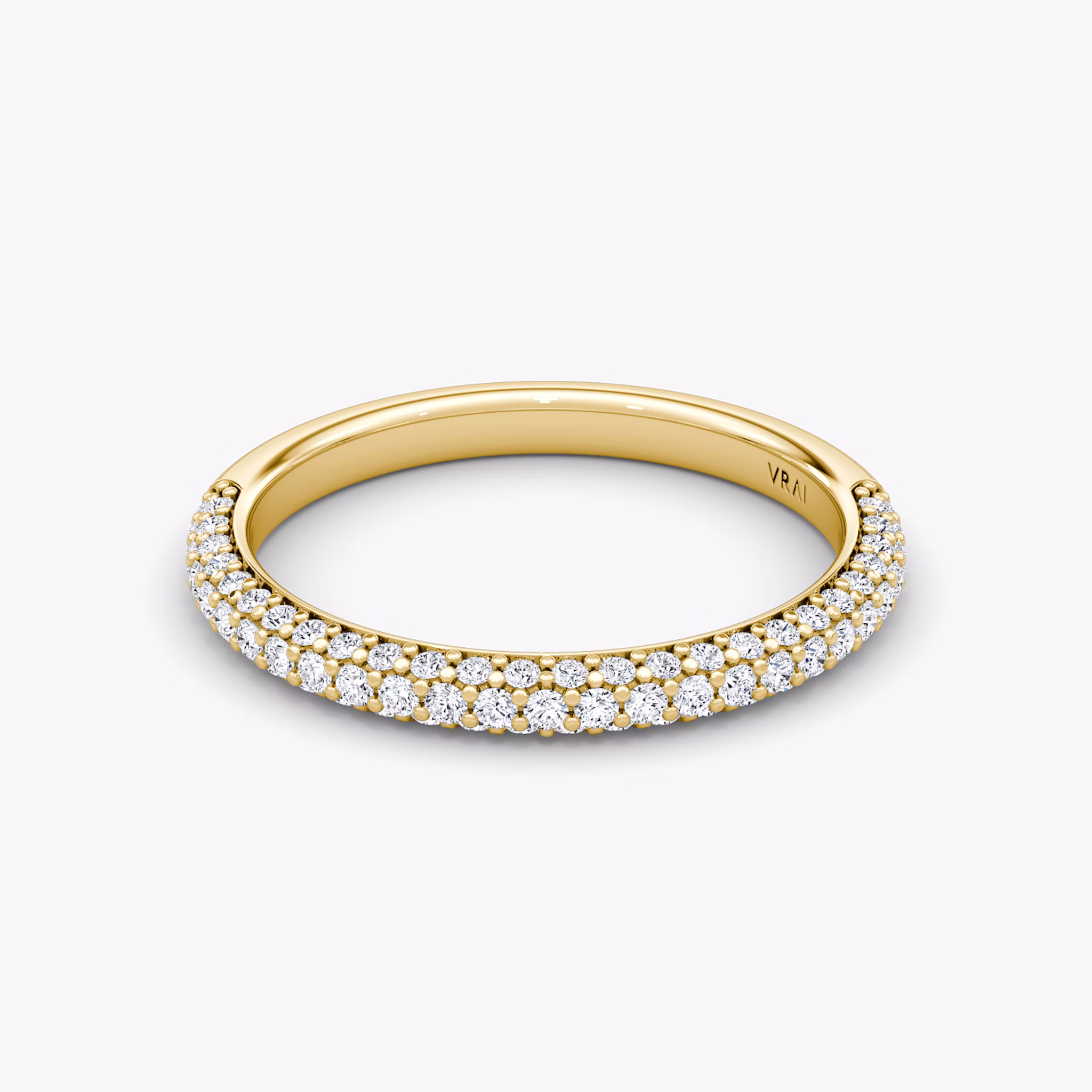 three row dome wedding band pave yellow gold