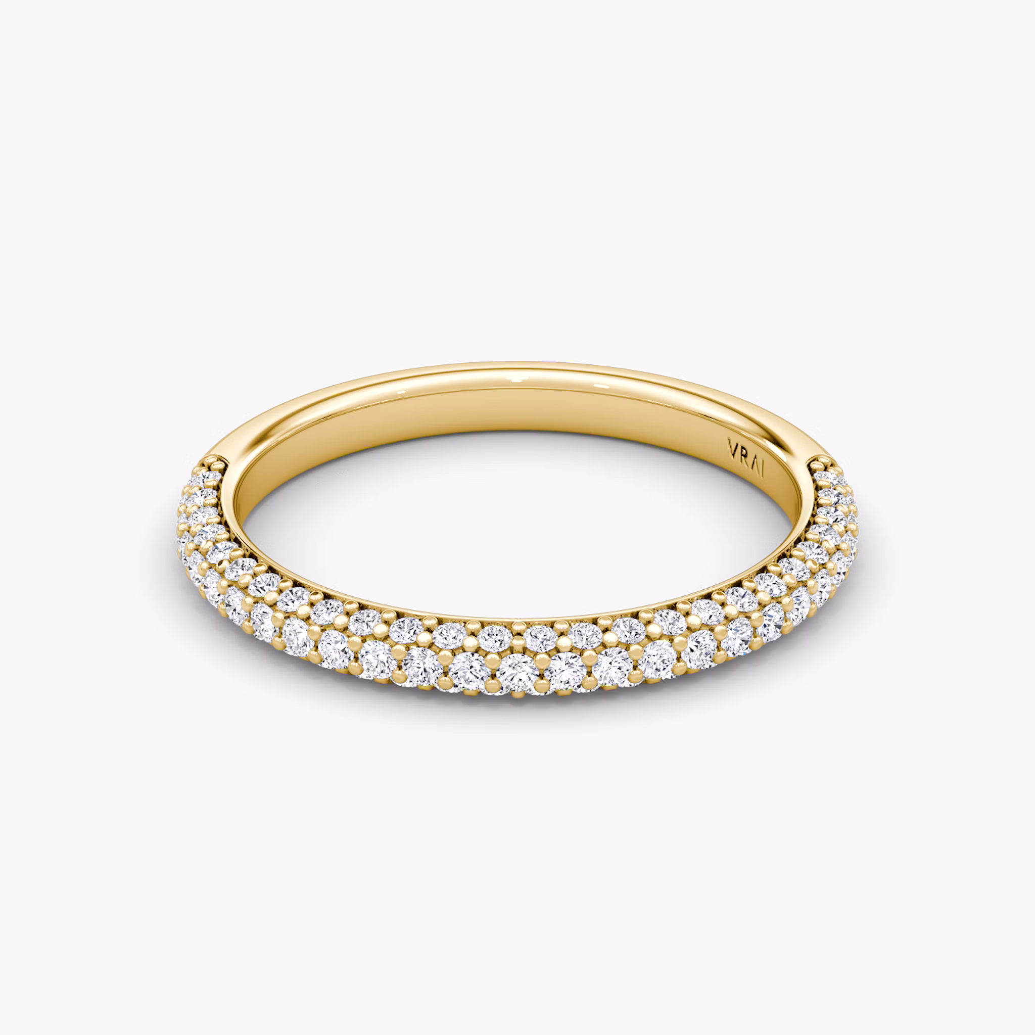 three row dome wedding band pave yellow gold