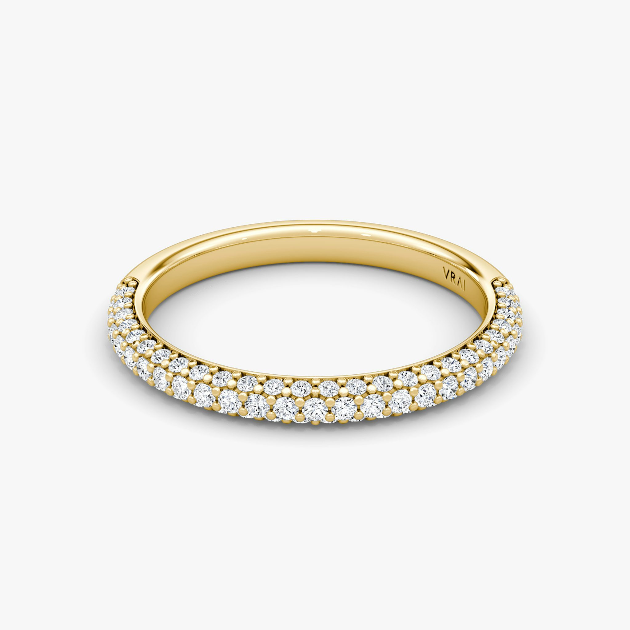 three row dome wedding band pave yellow gold