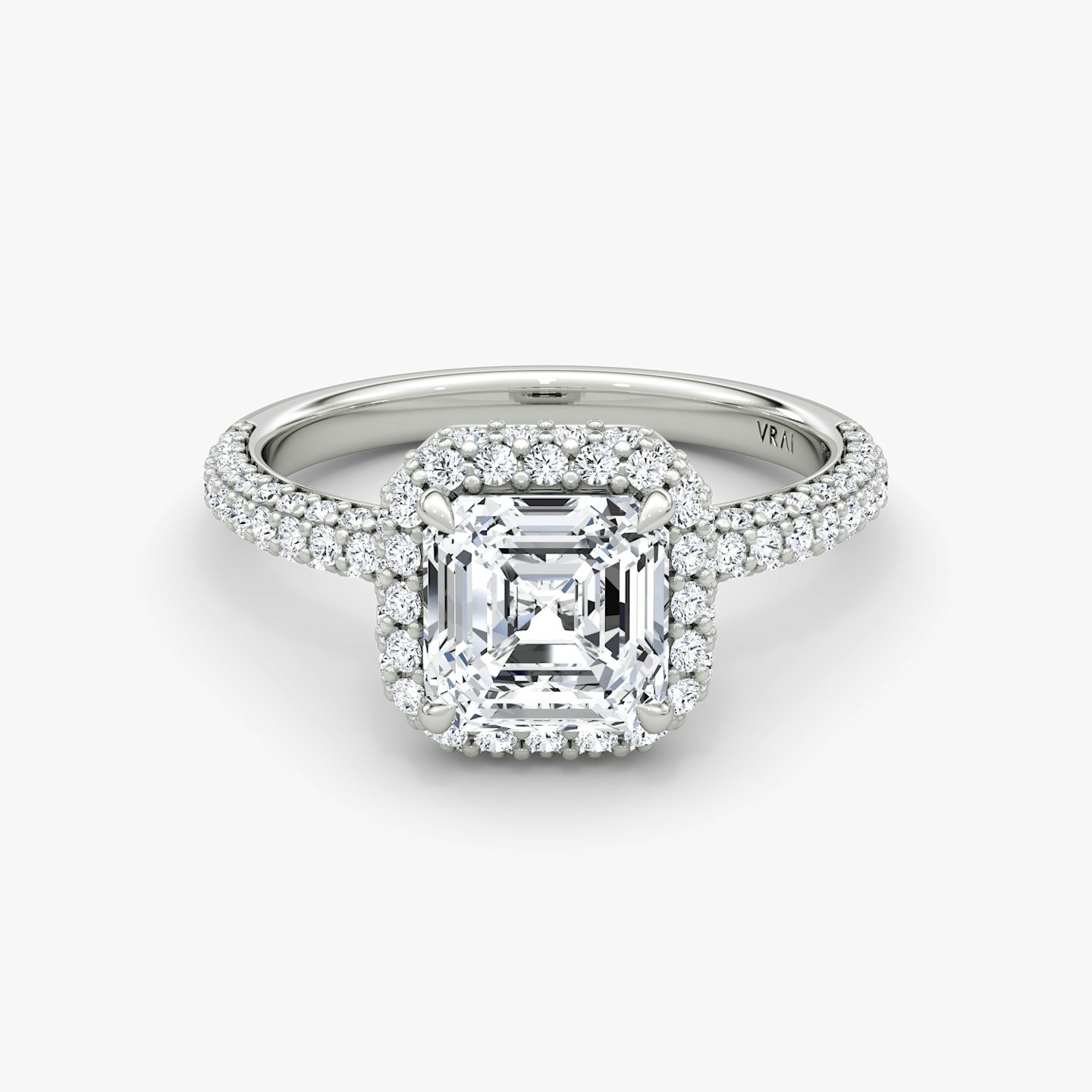 The Halo Dome | Asscher | 18k | White Gold | bandAccent: Pavé | diamondOrientation: vertical | caratWeight: other