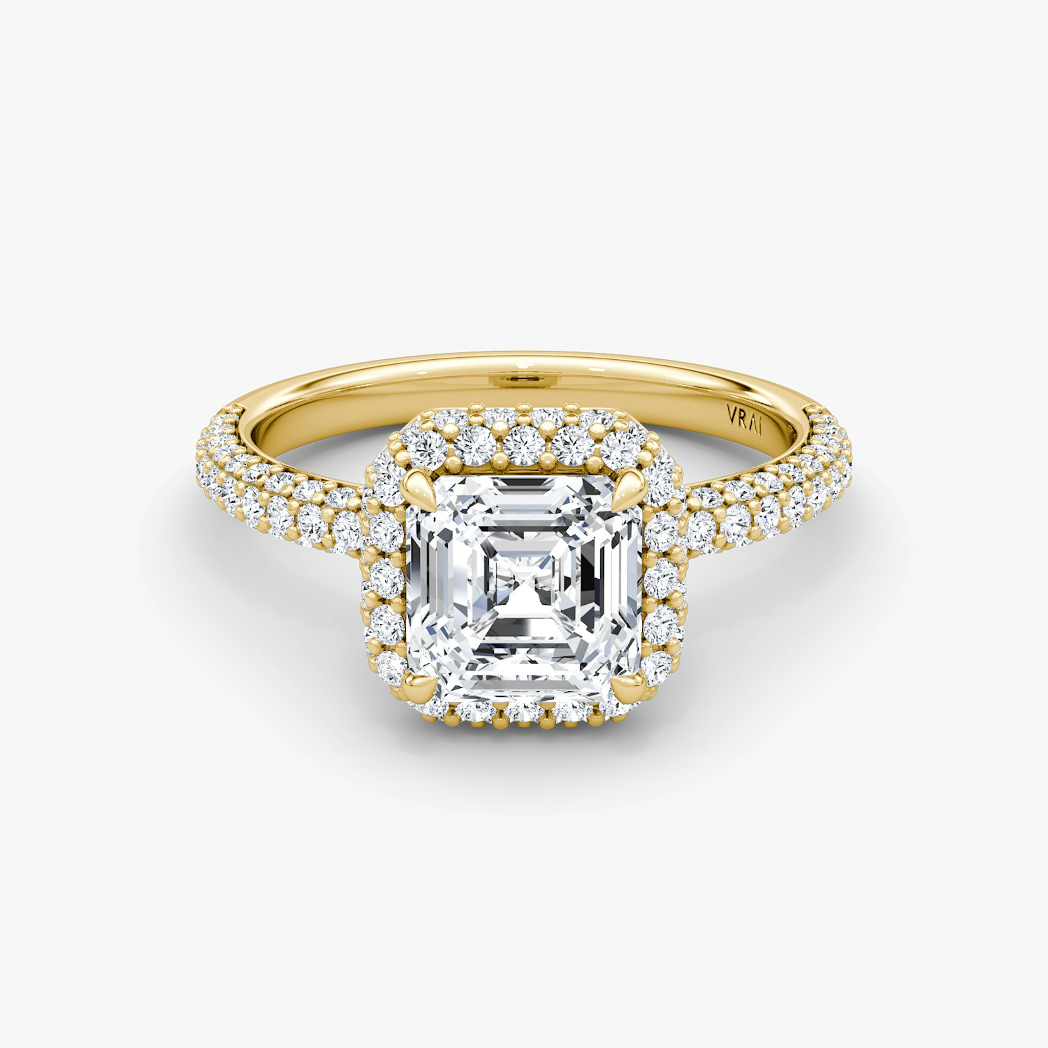 The Halo Dome | Asscher | 18k | Yellow Gold | bandAccent: Pavé | diamondOrientation: vertical | caratWeight: other